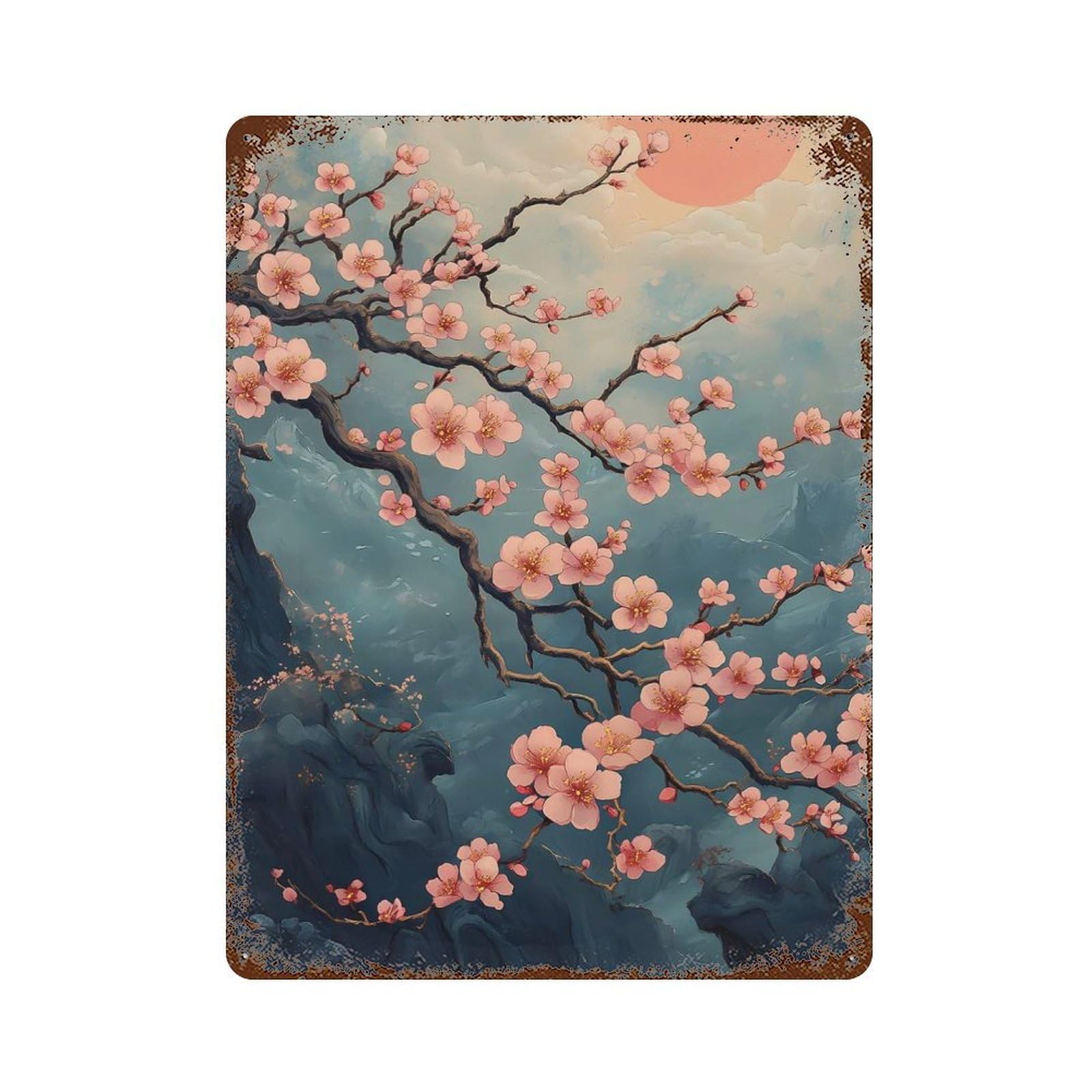 Cherry Blossom Mountains Rustic Tin Plaque 15.7"x11.8", for Shed, Workshop And Garage Wall Decor, Rustic Home Decor