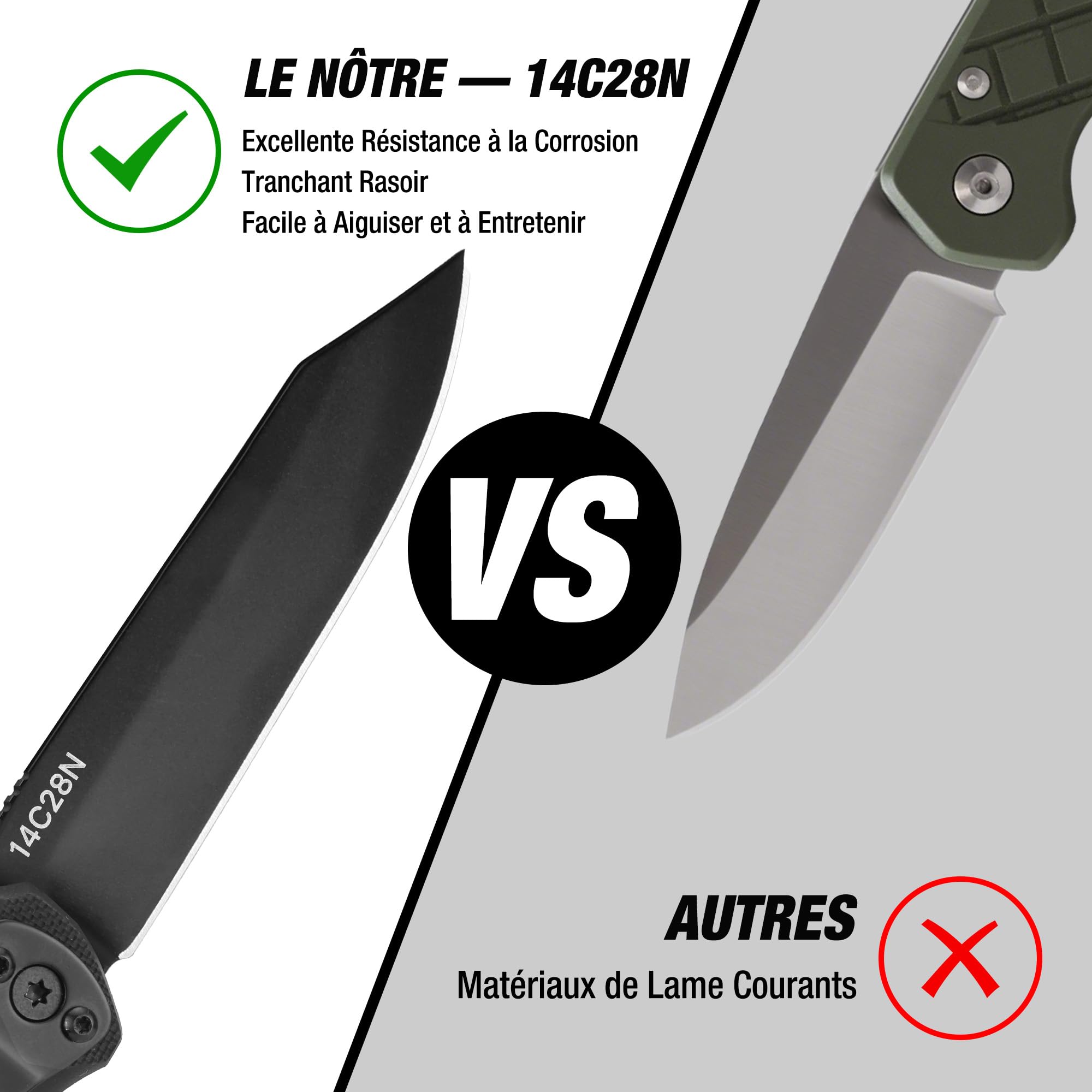 FLISSA Couteau Pliant de Poche en Acier 14C28N, Couteau Randonnée avec Manche G10, Clip de Ceinture, Idéal pour Camping, Alpinisme, Voyage, Usage Quotidien