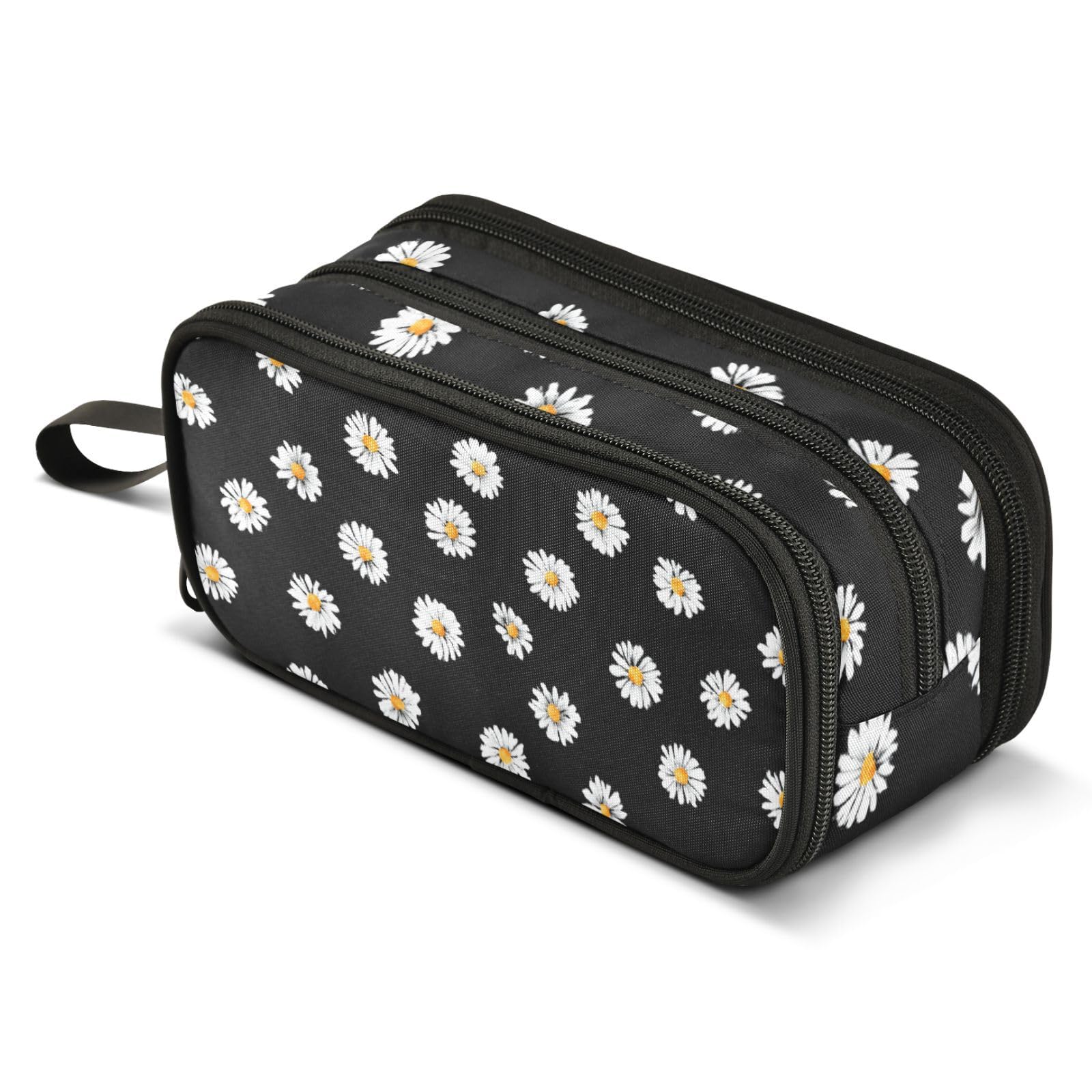 ALAZA White Daisy Flower Black Pencil Case Large Capacity Pencil Pouch with 3 Compartments Stationery Case Pen Bag for Boys Girls Kids Adults School Office