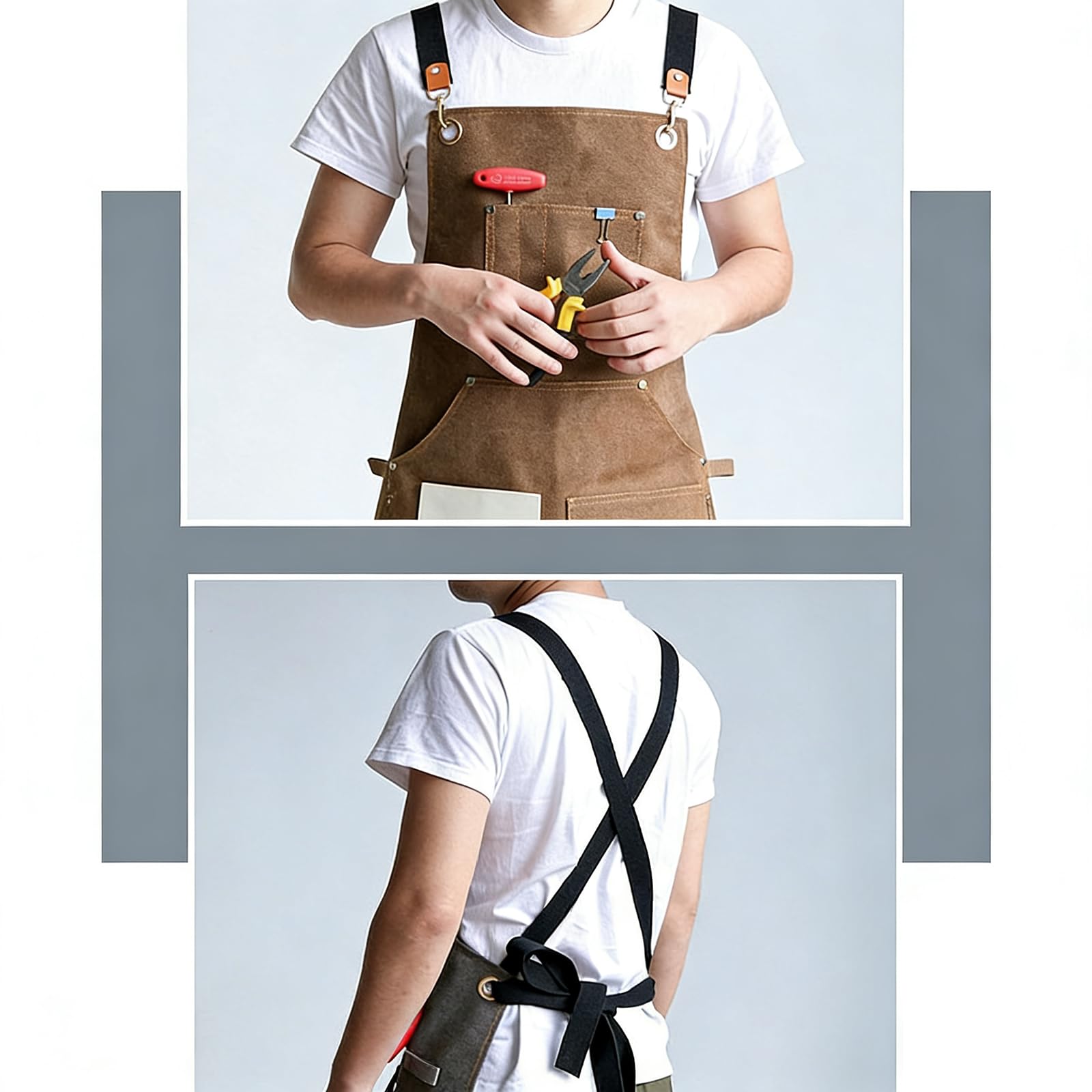 Delantal De Trabajo Ajustable con Bolsillos para Hombres Y Mujeres, Delantal para Carpintería, Jardinería, Reparaciones, Barbacoa, Pintura, BricolajeBrown,1