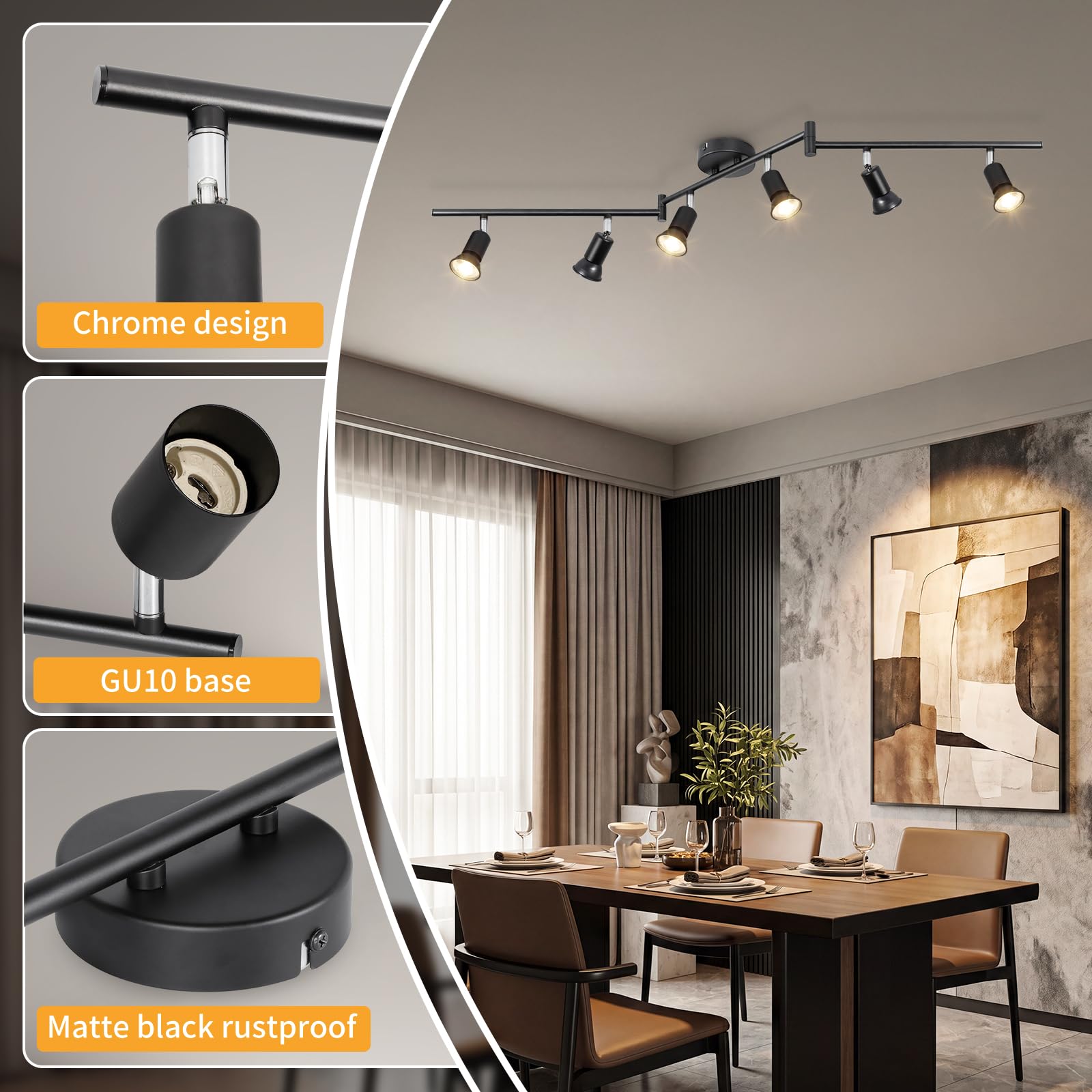 Faretti LED Soffitto GU10 Orientabili in Ferro, Nero, 6 Luci | 350° Orizzontali e 90° Verticali, Max 50W per Lampadina GU10, Senza Lampadina, Ideale per Soggiorno, Cucina e Camera da Letto