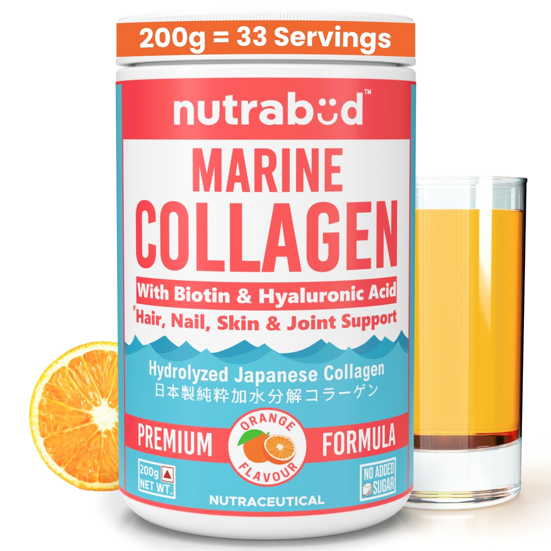 Nutrabud Japanese Marine Collagen Powder Supplement for Women,Men|No Added Sugar|Supports Skin Radiance,Healthy Hair,Nails & Joints|Hydrolyzed Collagen Peptides (Orange,200 grams)