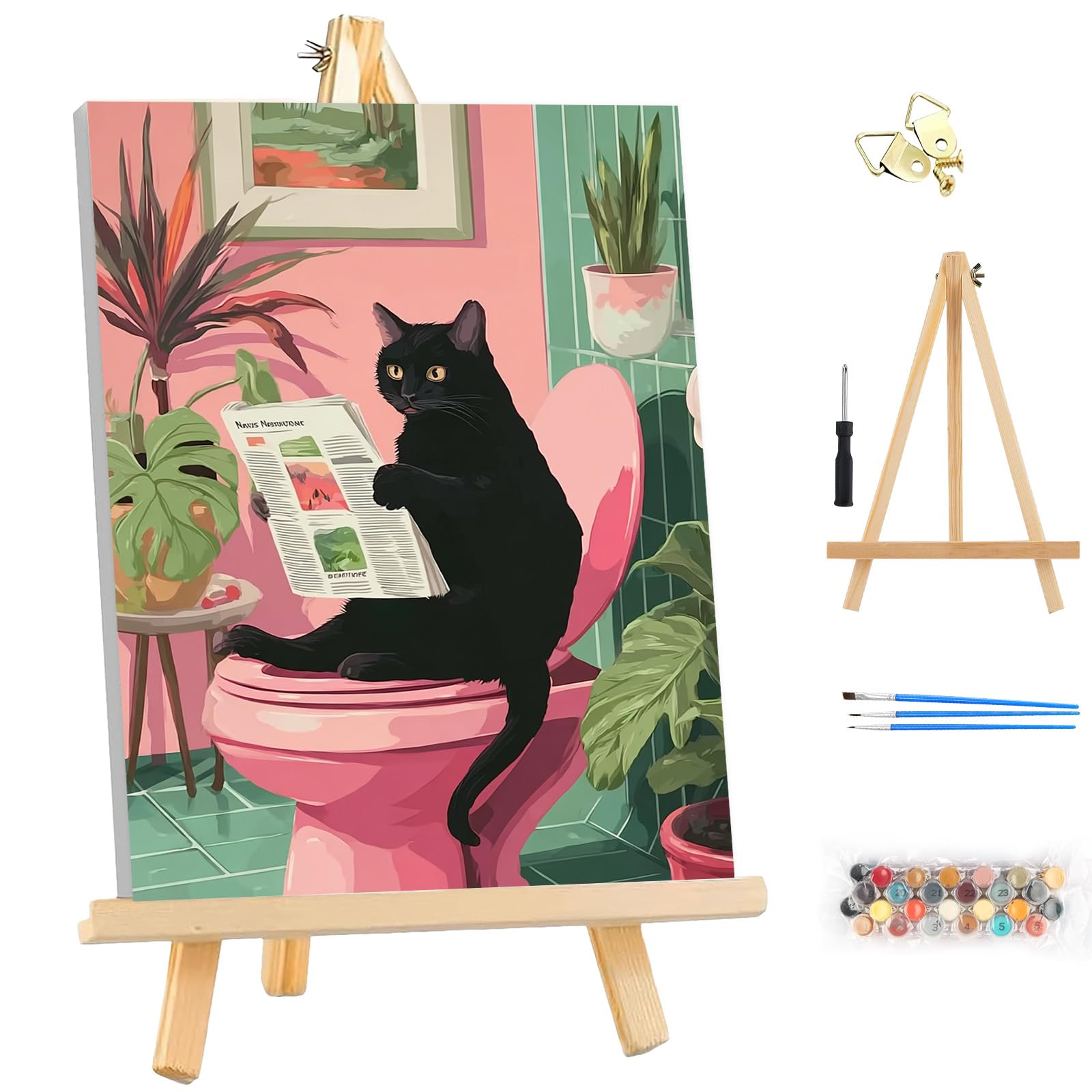 MEIYUDA DIY Paint by Numbers for Adults with Frame & Wooden Easel, Cat Arts and Crafts Kit for Adults Beginner, Drawing Paintwork for Home Wall Decor 25x35cm