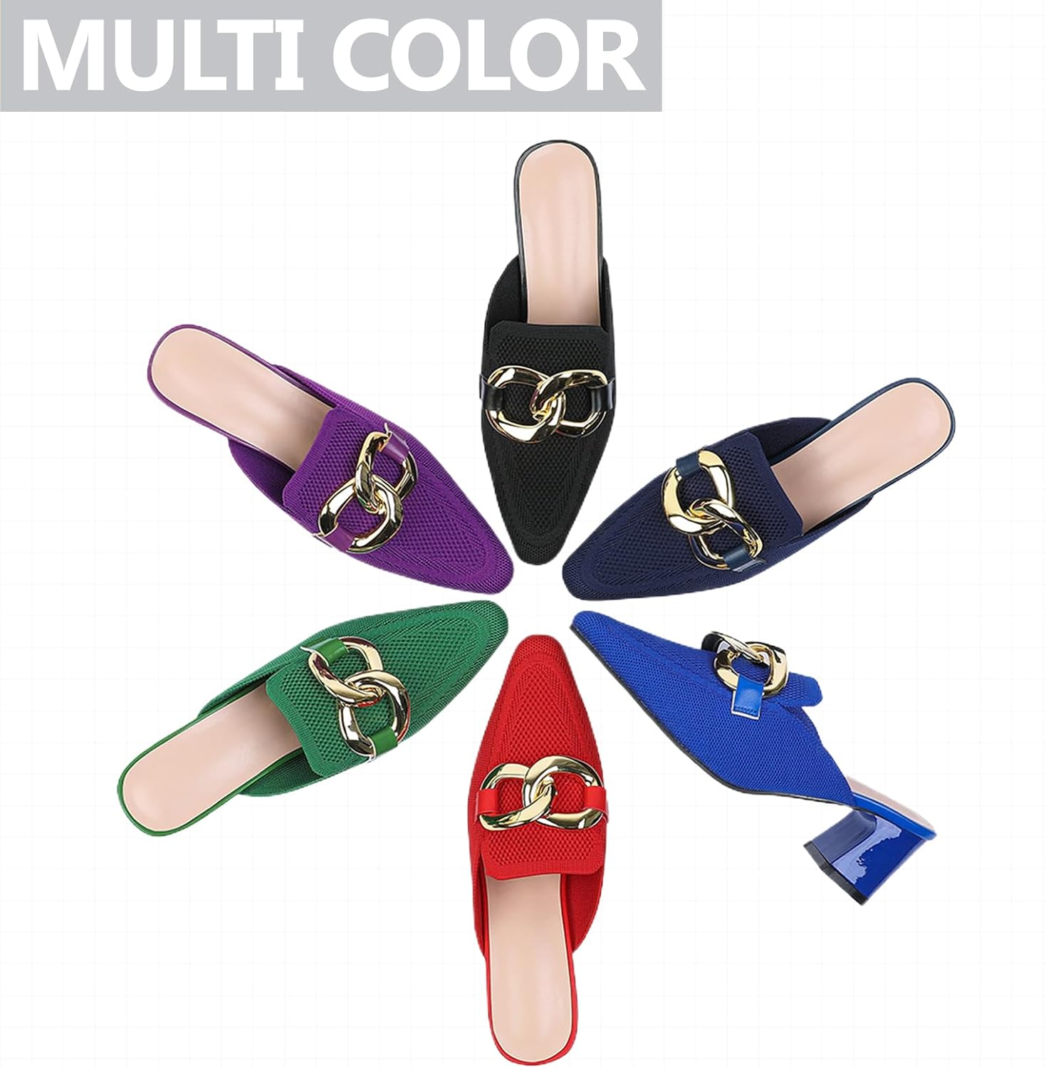 Womens Chain Pointed Toe Chunky Heel Mule Sandals Comfortable Knit Slip On Closed Toe Block Heel Mules for Daily Casual Work Office Business