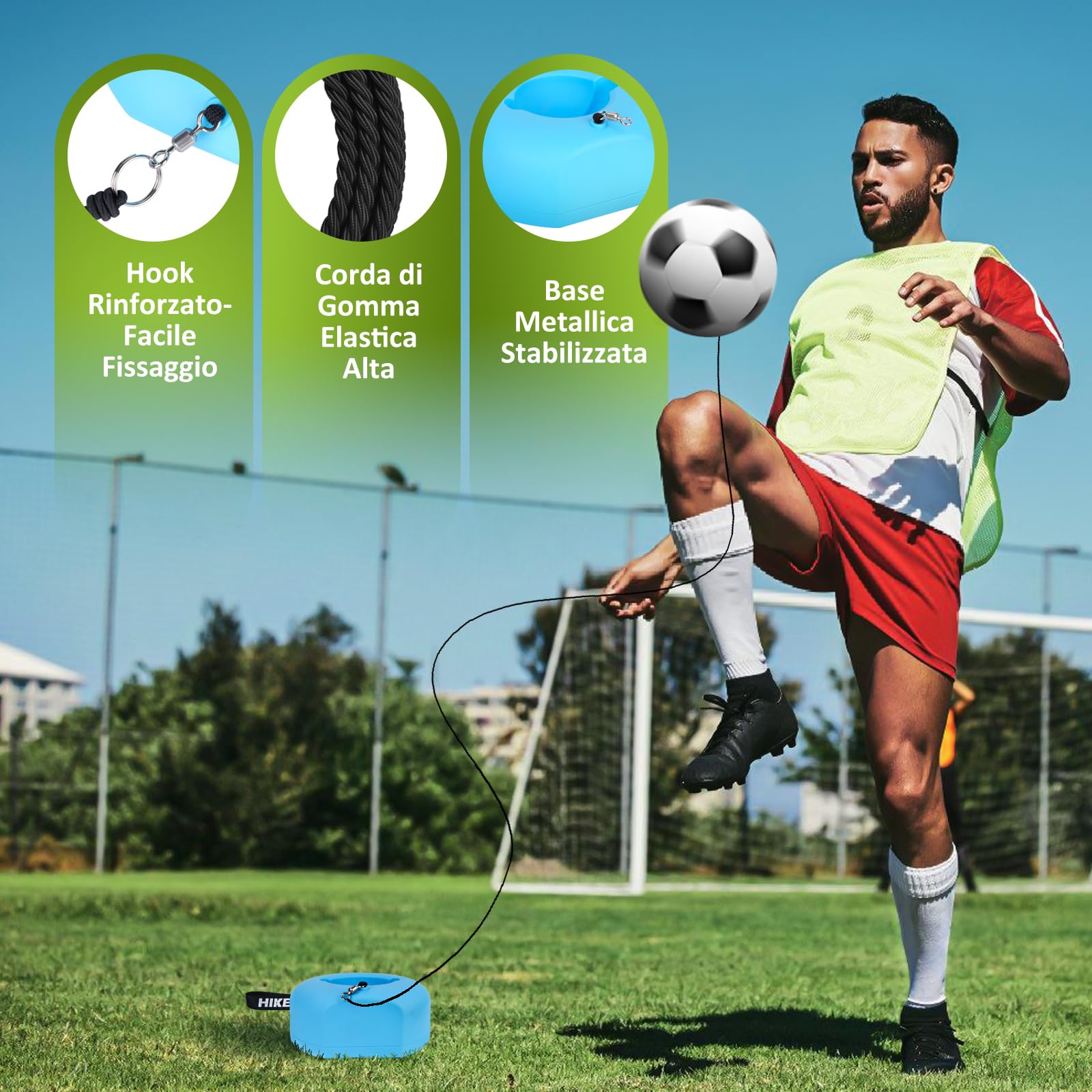 Hikeen Set Allenamento Calcio con Palla Rimbalzante, Attrezzatura Portatile per Ragazzi e Adulti, Accessori Calcio con Base Metallica per Allenamento in Giardino, Campo o Parco