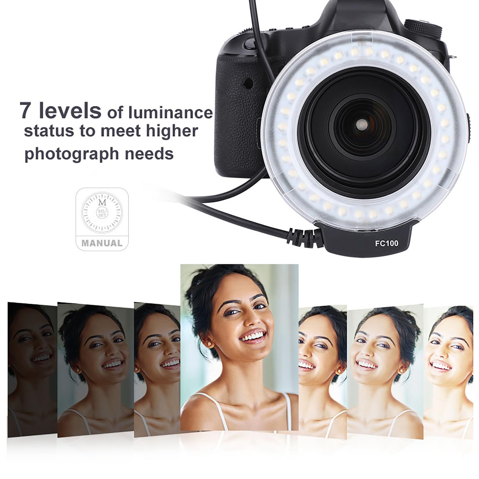 VBESTLIFE Kit Luce di Riempimento, FC-100 5000K 7 Livelli Kit di Illuminazione Fotografia Anello Luminoso per Richiede 4 Batterie AA (Non Incluse)