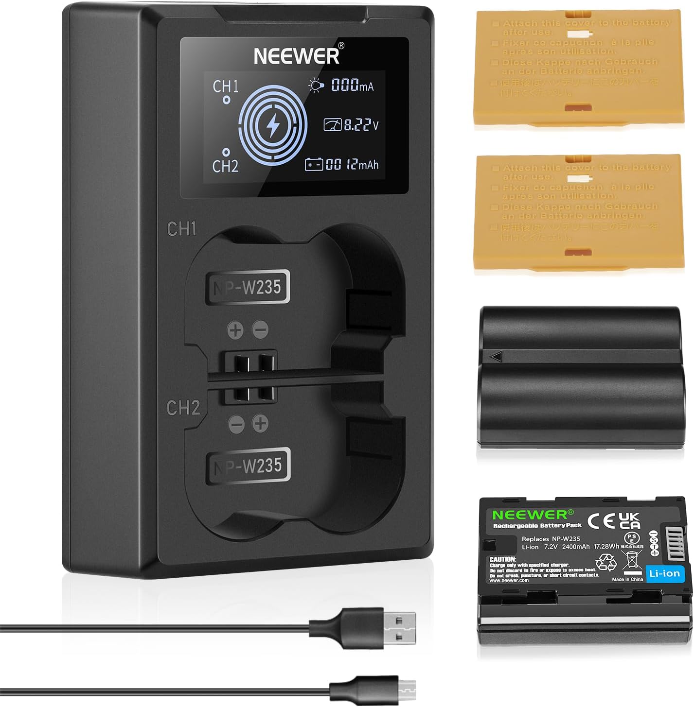 NEEWER NP-W235 Camera Battery Charger Set, Dual Slot USB Charger with LCD, 2 Pack 2400mAh Replacement Batteries Compatible with Fujifilm X-T5 X-T4 GFX 100S X-H2S X-S20 GFX 50S II VG-XT4 Battery Grip