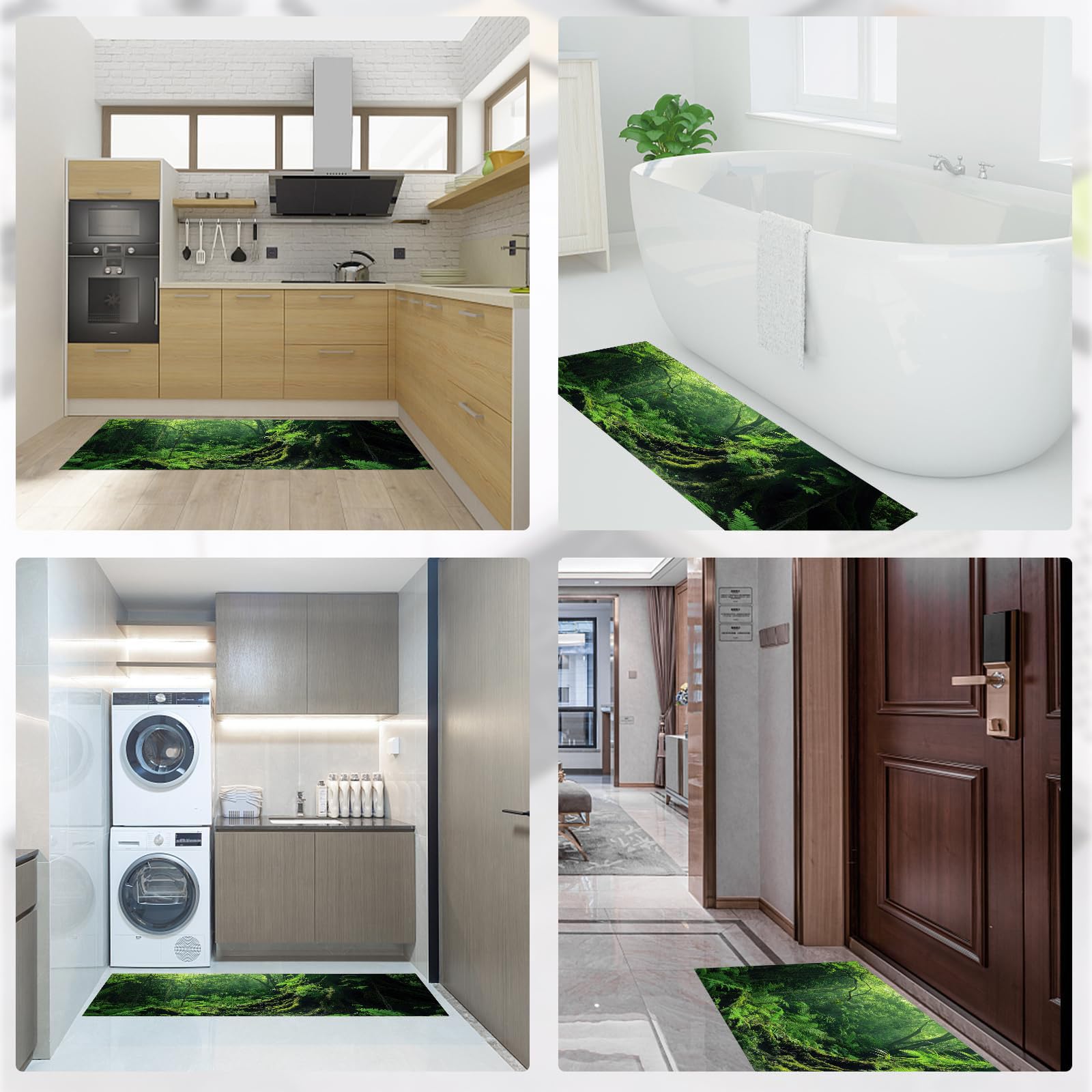 Tappetini da cucina 2 pezzi, Tappeto Cucina Antiscivolo, Fotografia della foresta pluviale Felci arboree antiche Tappeti da Cucina, lavabile, Adatto per corridoi, cucine,50x80+50x150cm, Verde scuro
