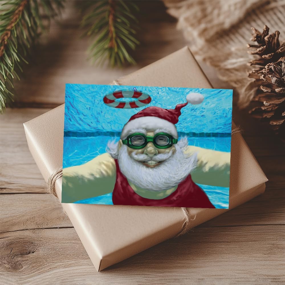 Pool Christmas Cards – 50-Pack Bulk Corporate Holiday Cards for Pool Construction, Maintenance & Repair, Lifeguards & Travel Agents, Swimming Santa Design