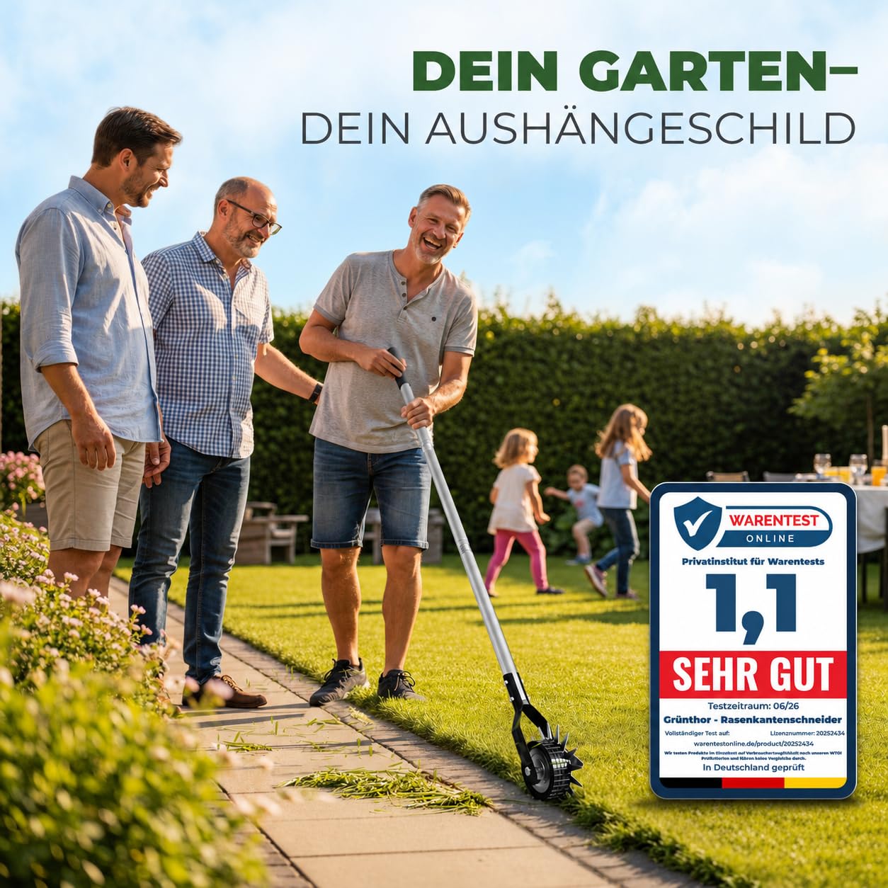 Rasenkantenschneider – Verstellbarer Edelstahl-Handgriff, Ergonomisch, gut ausbalancierte Rollen, Inklusive Schleifmesser