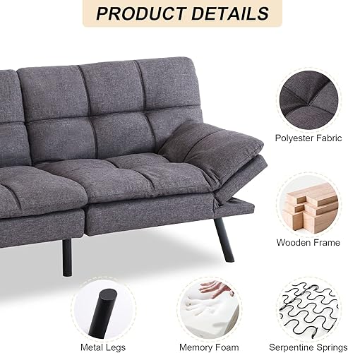 Miniatura 70 de Opoiar Cama con espuma viscoelástica, sofá futón convertible con reposabrazos ajustables, juegos de sofás multifuncionales para apartamento, Gris