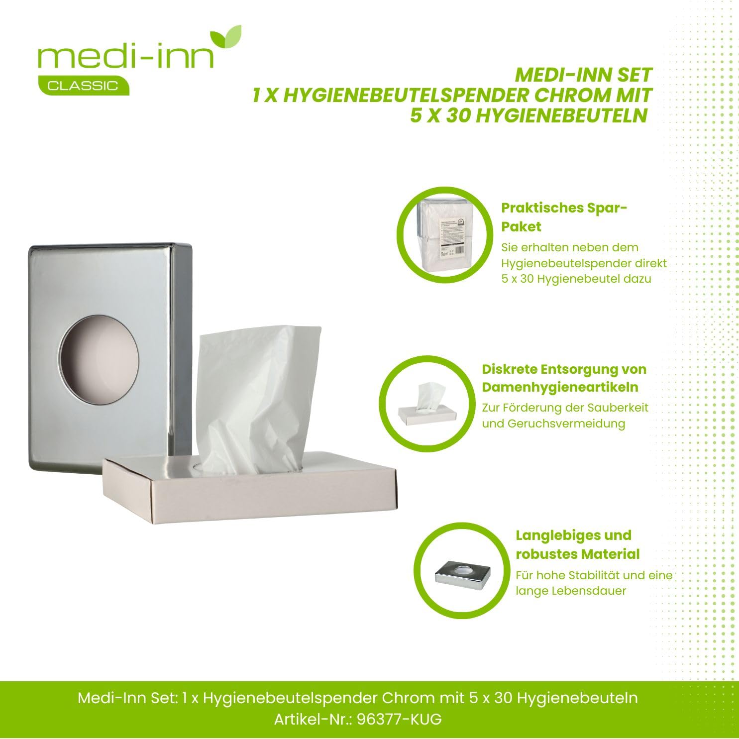 Dispensador Medi-Inn para bolsas higiénicas Dispensador de bolsas higiénicas Caja de bolsas higiénicas (1 caja cromada + 150 bolsas higiénicas)