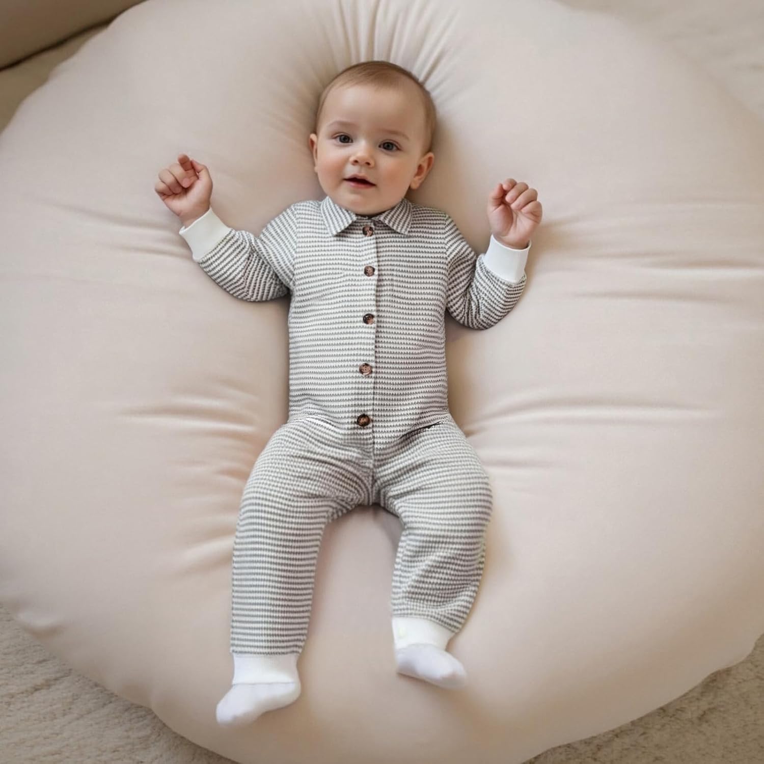 Baby Boy Stripe Romper Waffle Knit Long Sleeve Lapel Button Down Jumpsuit Bodysuit Newborn Fall Winter Outfits - Image 2