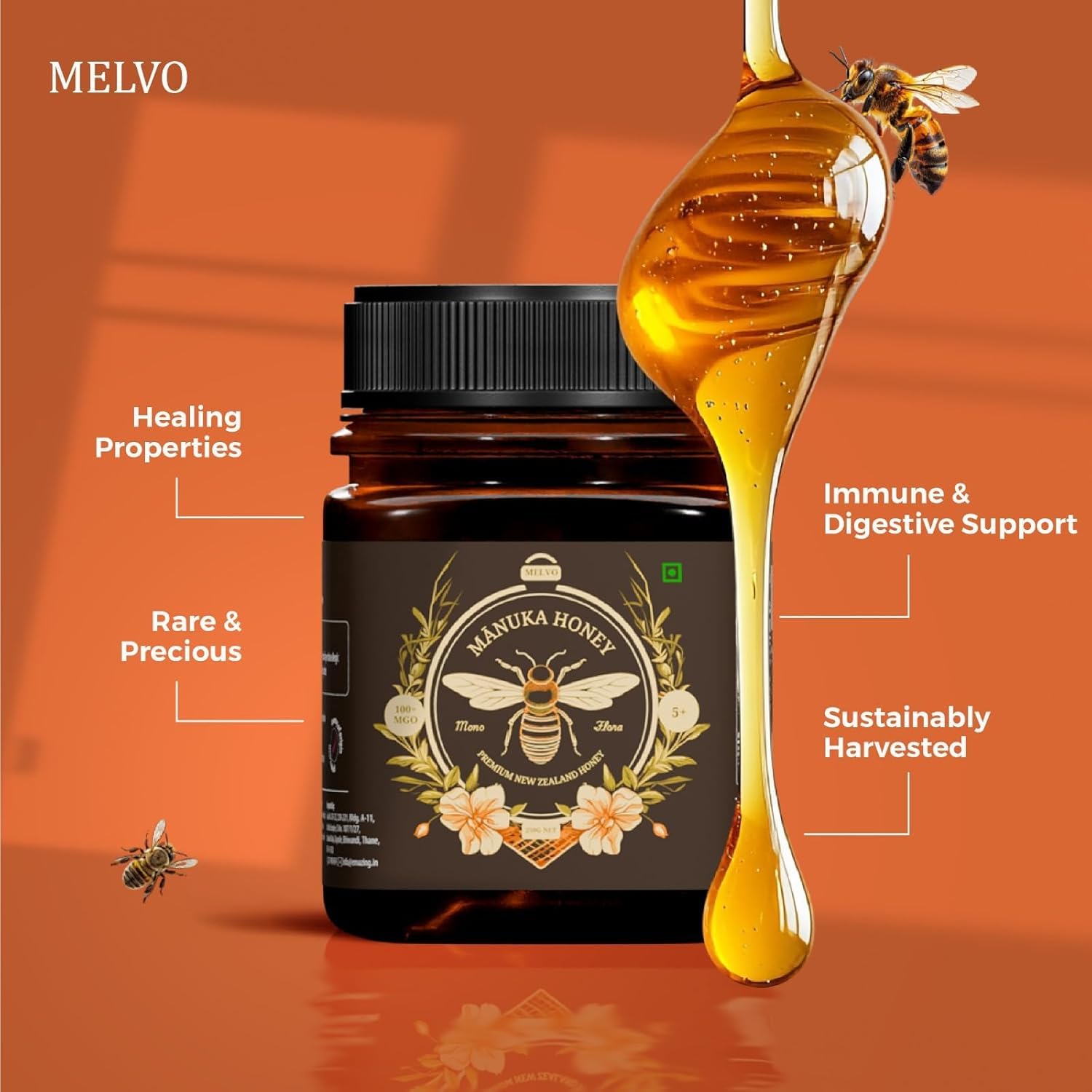 MELVO Manuka Honey MGO 263+ Manuka Honey (250g/8.8oz), Superfood, Authentic Raw Honey from New Zealand