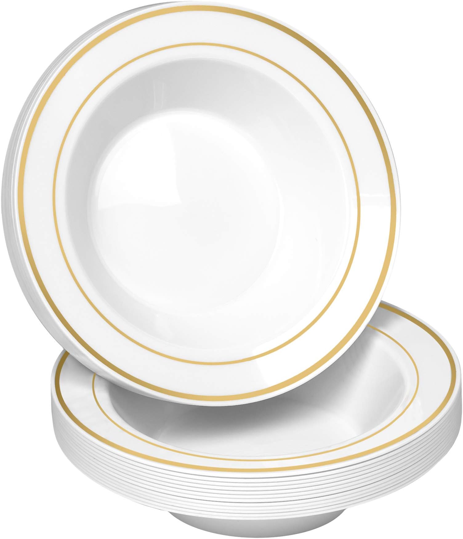 - 50 Disposable White Gold Trim Plastic Soup Bowls | 14 oz. Premium Heavy Duty Disposable Dinnerware with Real China Design | Safe & Reusable and Great for Parties or Weddings. (50-Pack) Gold