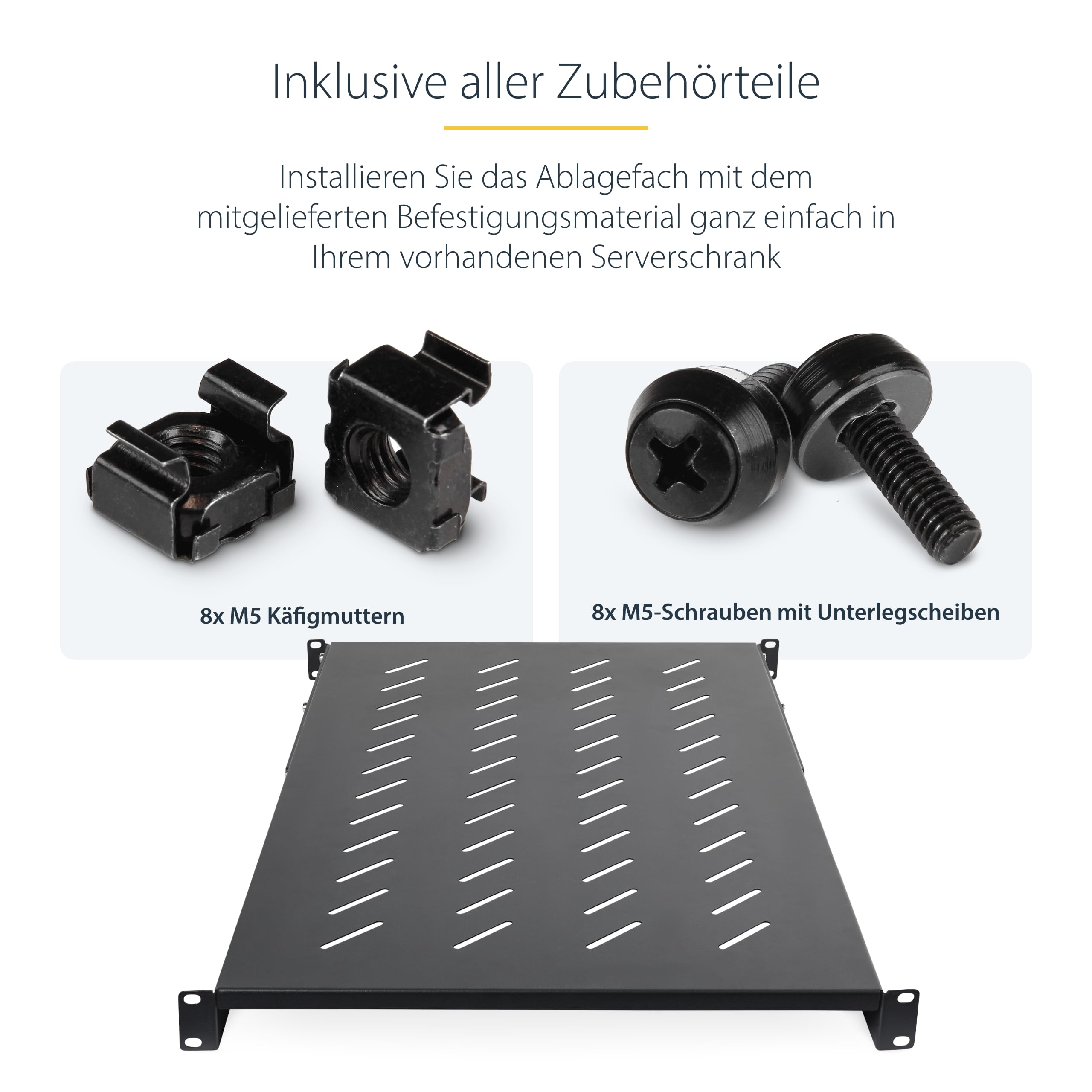 StarTech 1 HE 4-Pfosten Belüftetes Rack Fachboden, 68kg (ADJSHELFV-Rack) | Einbautiefe 71, 1-87, 3cm, EIA-310, Serverrack, Perforiert, M5 Käfigmuttern, 19 Zoll