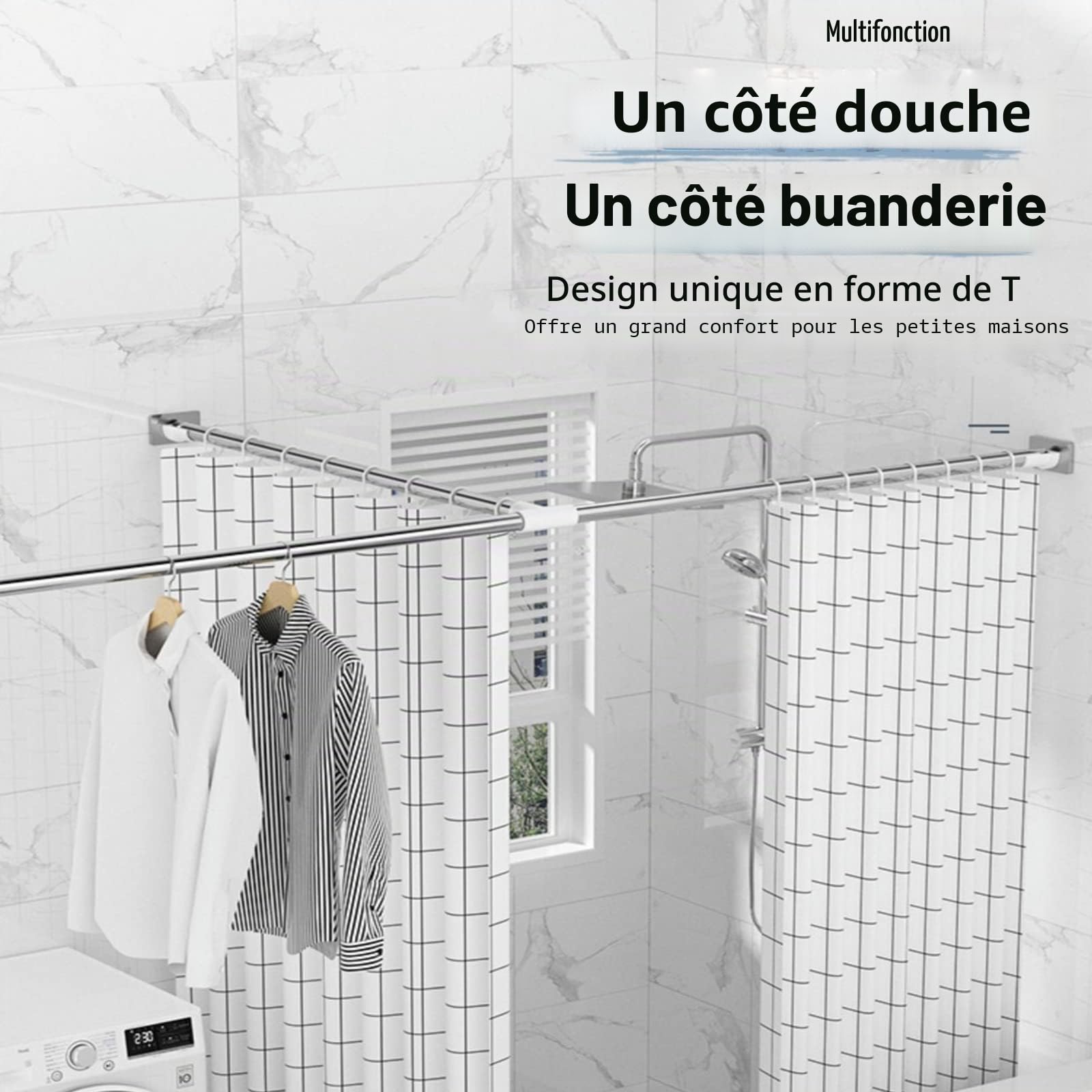 Tringle à Rideau De Douche en Forme De T, Droite Barre De Douche d'angle Extensible Acier Inoxydable sans Percage, pour Salle De Bain, Douche, Baignoire, Vestiaire(Size:A 110-170+70-110cm)