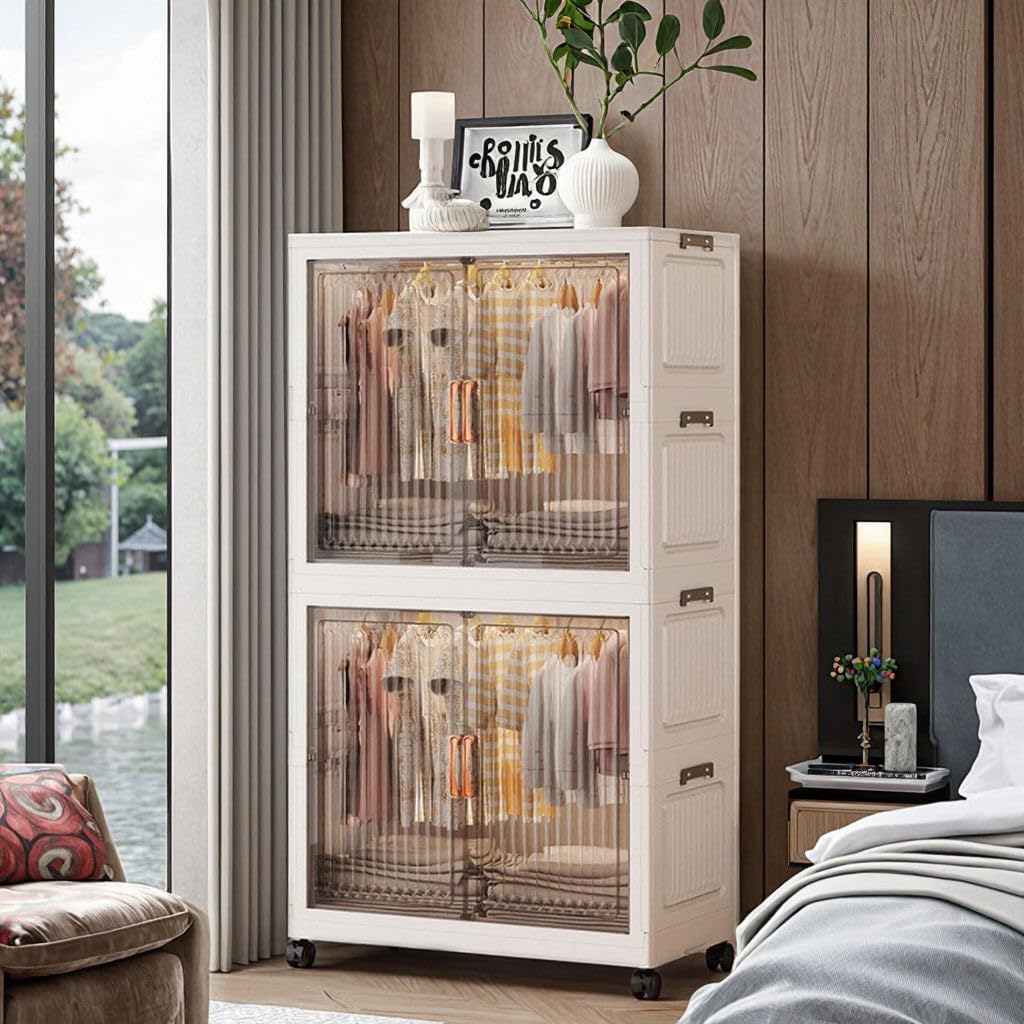 Mevigo 2-Door Plastic Wardrobe for Kids| Almirah and Wardrobe for Baby Clothes| Modular Storage Cabinet with Wheel Organizer for Cupboard Rack for Clothes/Shoes/Books/Toy -White-Y720