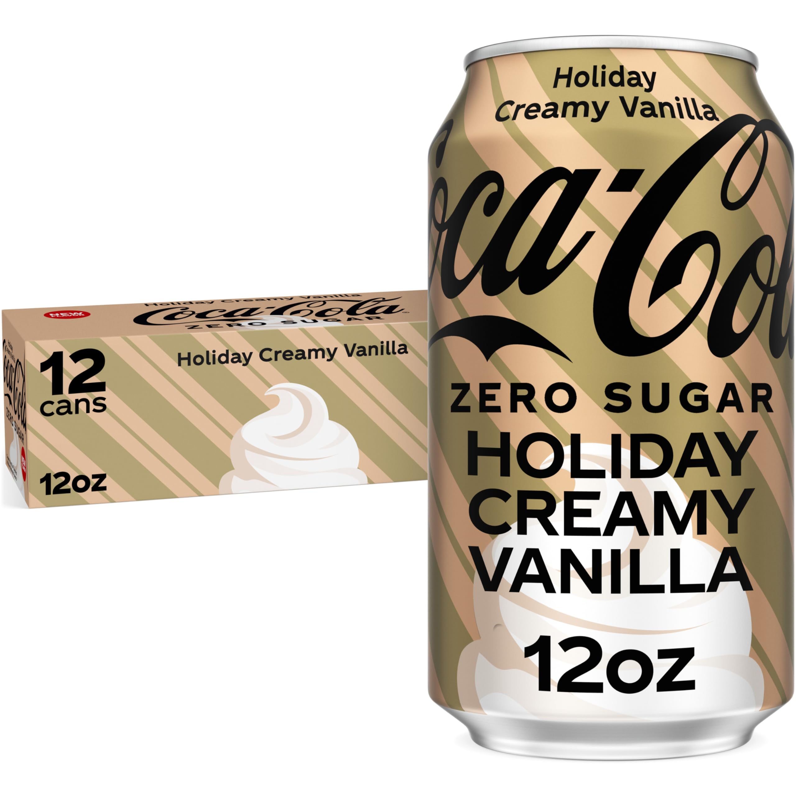 Coca-Cola Zero Sugar Holiday Creamy Vanilla Soda Cans, 12 fl oz, 12 Pack | Zero calorie, vanilla flavored soft drink