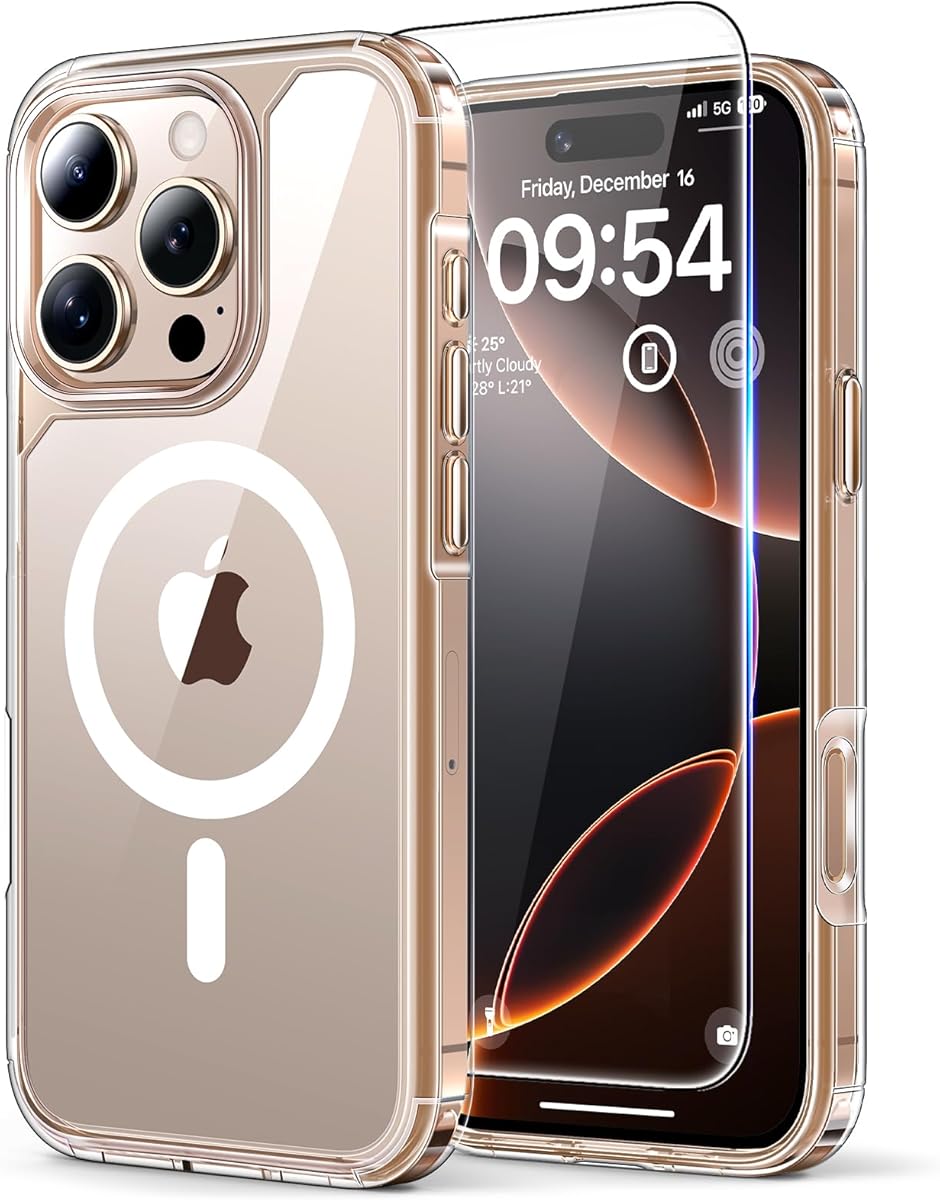 TAURI für iPhone 16 Pro Hülle 6,3" mit Panzer Schutz Glas Folie, Kompatibel mit MagSafe, Schutz nach Militärstandard, [Anti-Vergilbung] Stoßfest Magnetisch Handyhülle - Durchsichtig