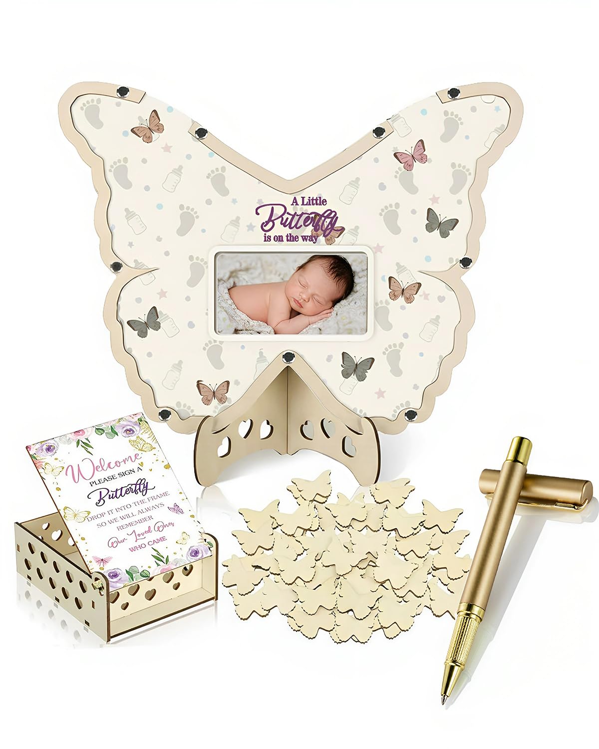 63 pezzi Farfalla Baby Shower Guest Book Alternative Set Decorazioni Baby Shower con Cornice Fotografica Sonogramma Cornice Ricordo 60 Fette di Legno Libro degli ospiti per Compleanno