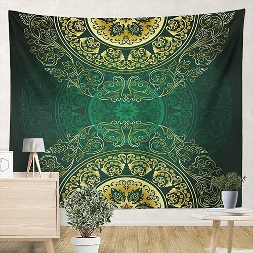 Healbrighting Tapiz para colgar en la pared, 59.1 pulgadas de ancho x 51.2 pulgadas de alto, diseño de mandala verde dorado, para sala de estar,