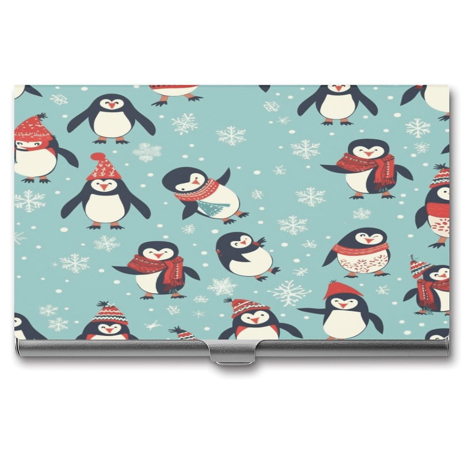 FekiLoot Winter Christmas Penguins Business Card Holder for Men Women Metal Slim Organizer Business Card Carrier Wallet Name Cards Holder Retro Slim Pocket Purse Small Portable Card Case