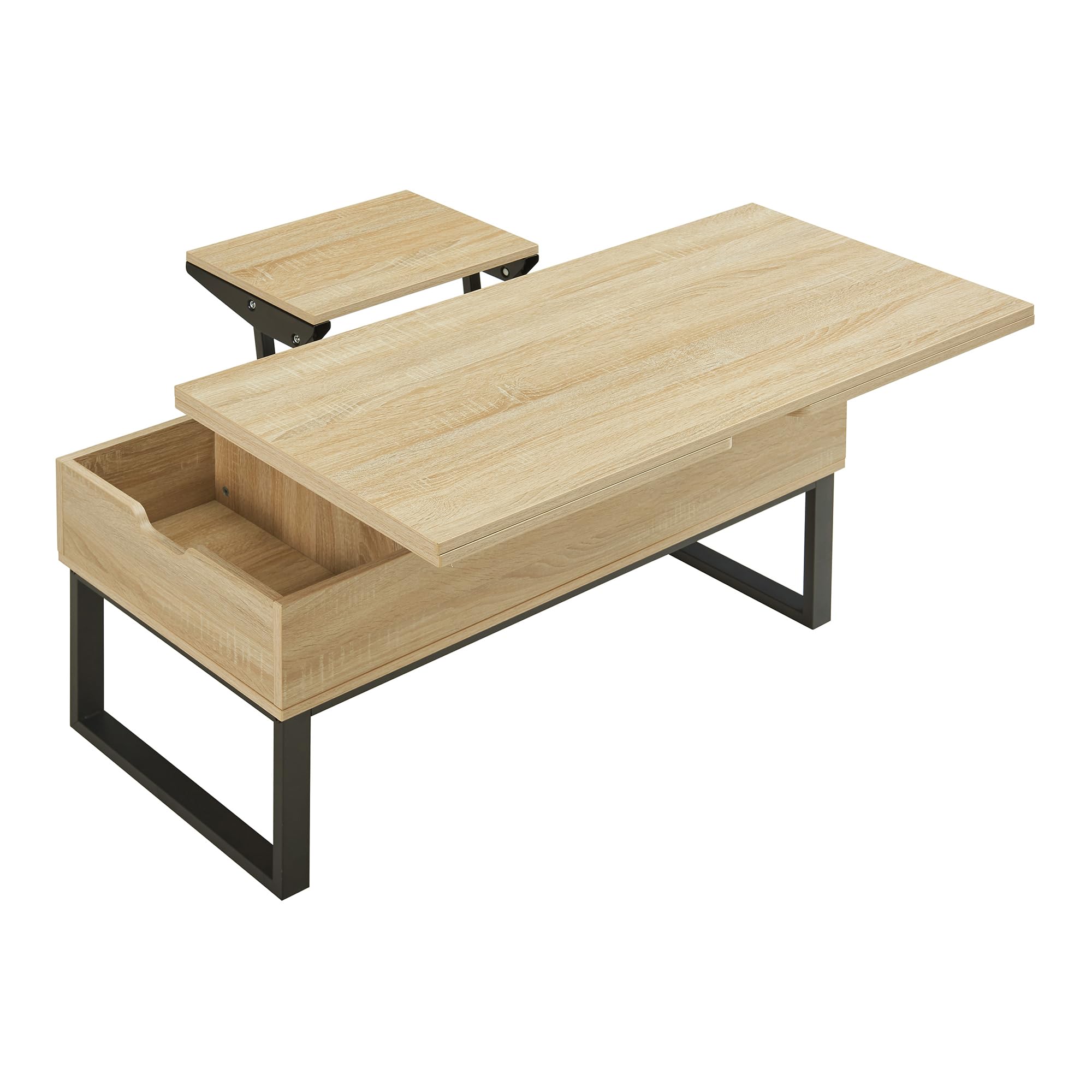 [en.casa] Mesa de Centro Rauli Mesa Baja Rectangular con Tablero Elevable y Extensible con 3 Compartimentos Internos Mueble Auxiliar Mesita para Salón 100 x 50 x 47 cm - Efecto Roble