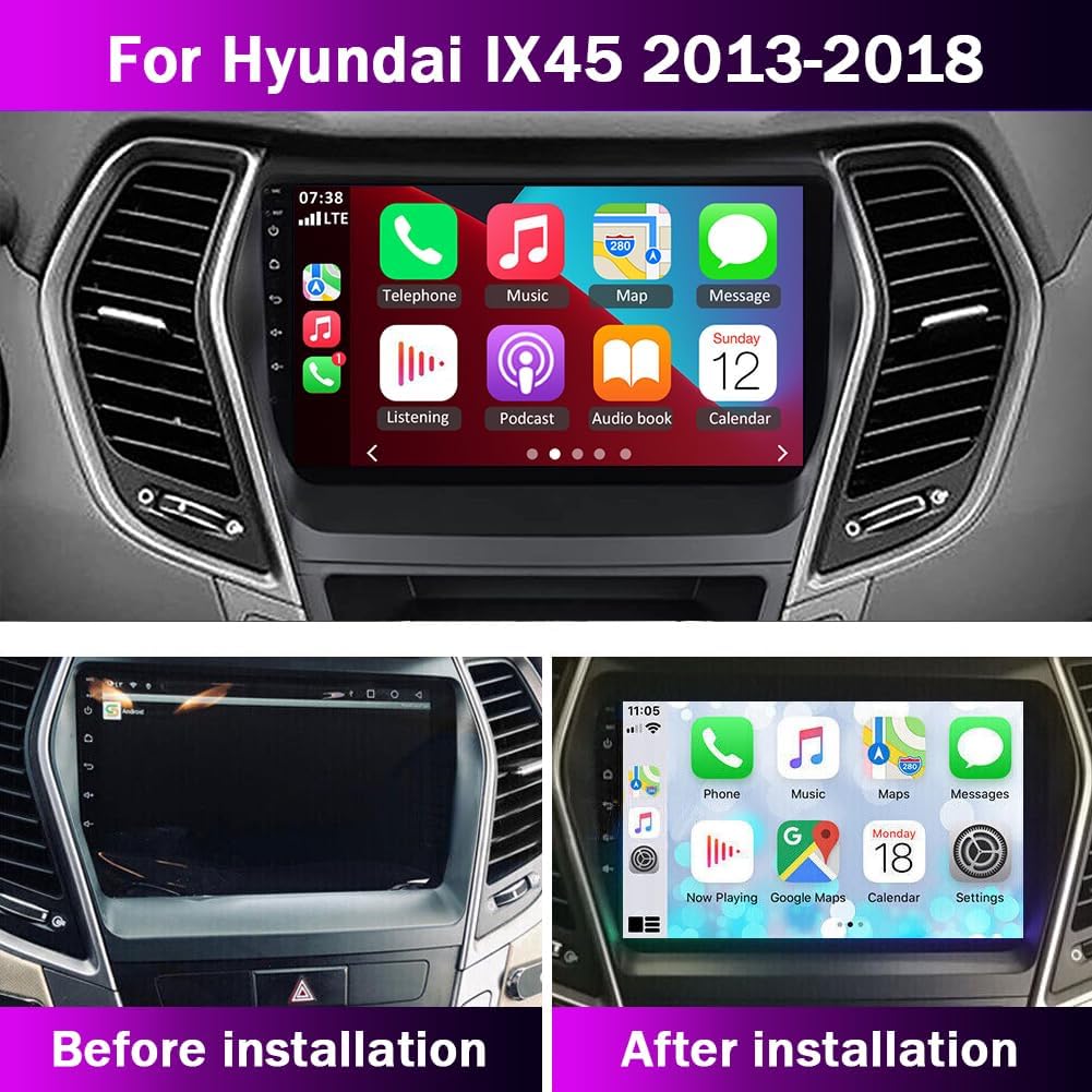 Before and after installation of the car stereo in a Hyundai IX45 Santa FE dashboard