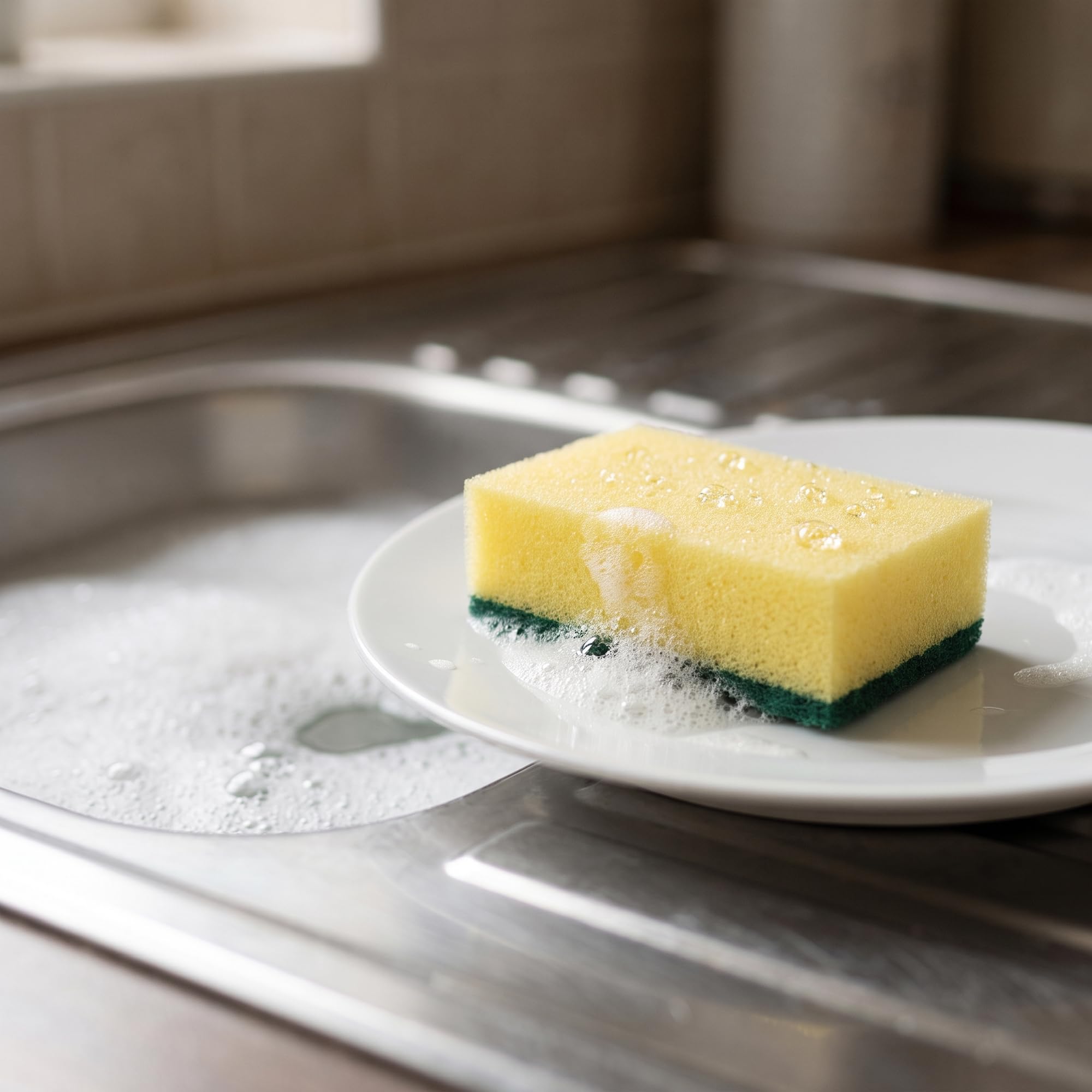 SEUNMUK Confezione da 100 spugne per la pulizia della cucina, 9 × 6 × 3 cm, spugne a doppio lato per piatti, padelle e pentole, spugne per uso domestico, giallo e verde