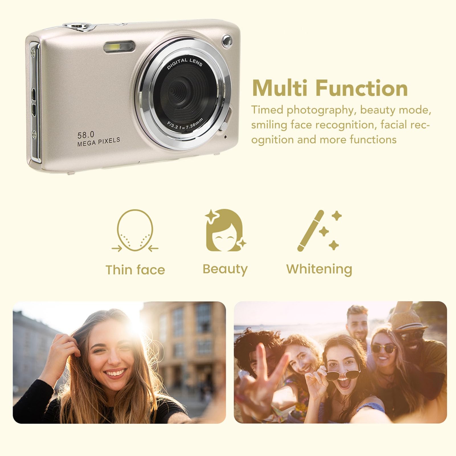 Fotocamera Digitale, 4K HD 58MP Zoom 16X Macro Focale Fissa Schermo da 2,88 Pollici Videocamere per Fotografia Temporizzata, con Cinturino, per Varie Scene (GOLD)