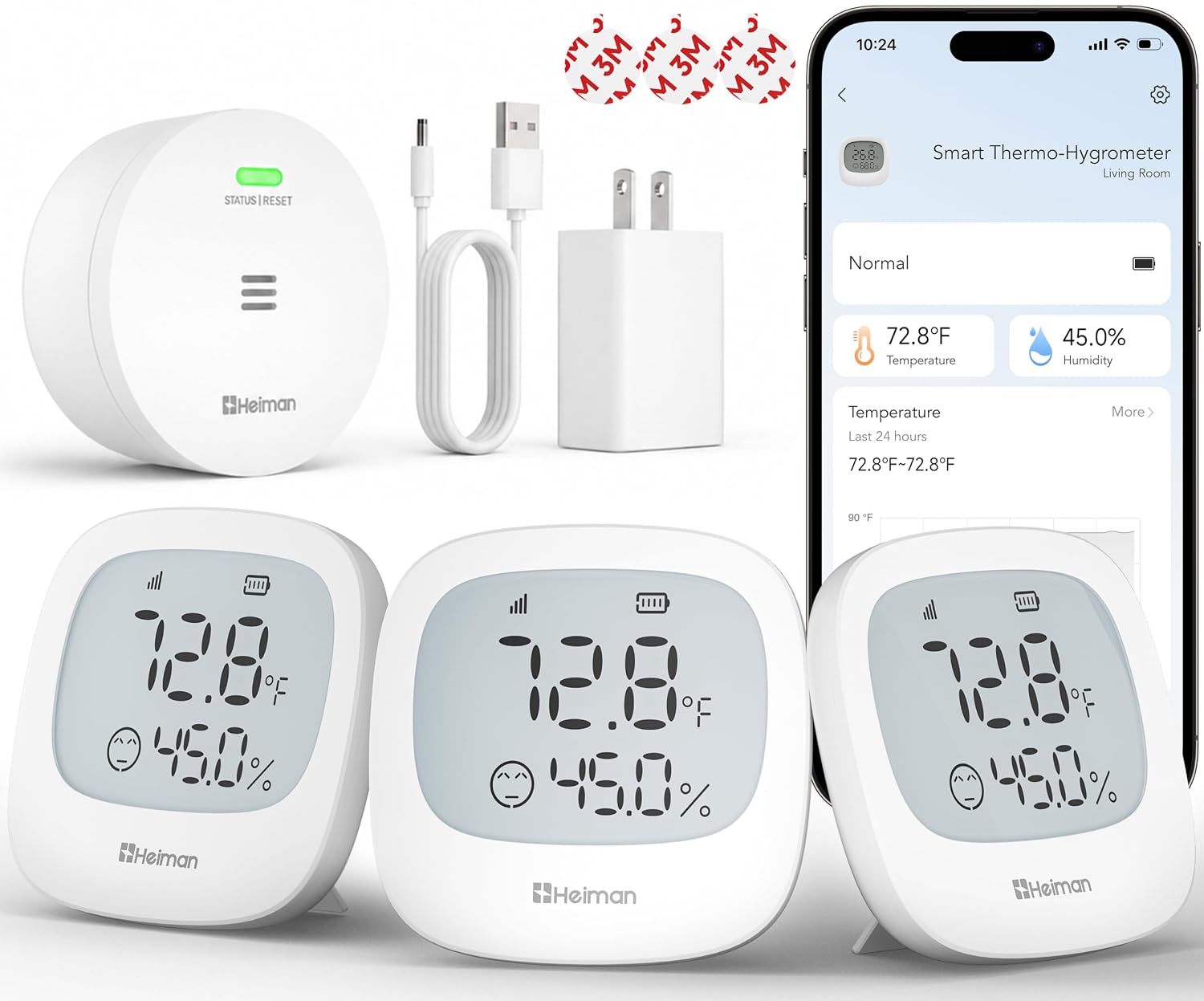 Heiman WiFi Temperature and Humidity Monitor, Mini 3 Pack with Gateway | Room Thermometer Indoor Hygrometer, Digital Humidity Meter, APP Remote Alerts, Data Export, for Wine Cellar Bedroom Basement