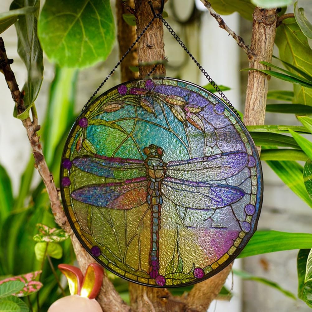 Acchiappasole A Forma Di Libellula In Vetro Colorato 25 Cm - Dipinto A Mano, Doppio Effetto, Con Catena E Gancio Per Decorazione Finestre