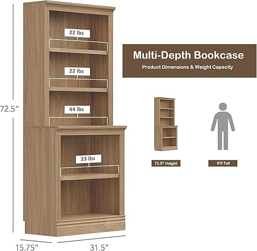 Miniatura 3 de JAHRSTIM Halston Multi-Depth Bookcase, Adjustable Storage Open Display Shelving Unit for Home and Office Space, 31.5”L x 15.75”W x 72.8”H, Oak