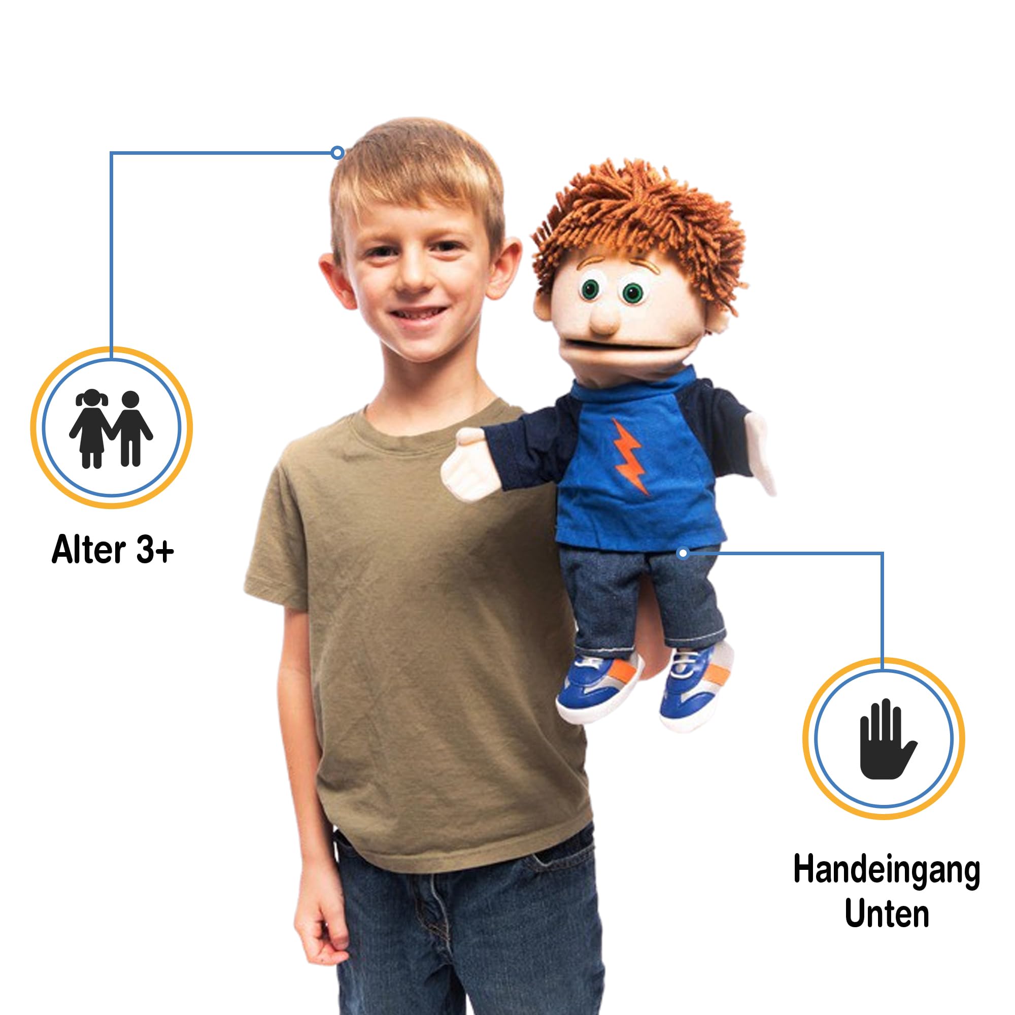 Tommy Peach Boy von Silly Puppets | 40 cm Handpuppe für Kinder | Mit Beweglichem Mund Und Armen | Abnehmbare Handwaschbare Kleidung