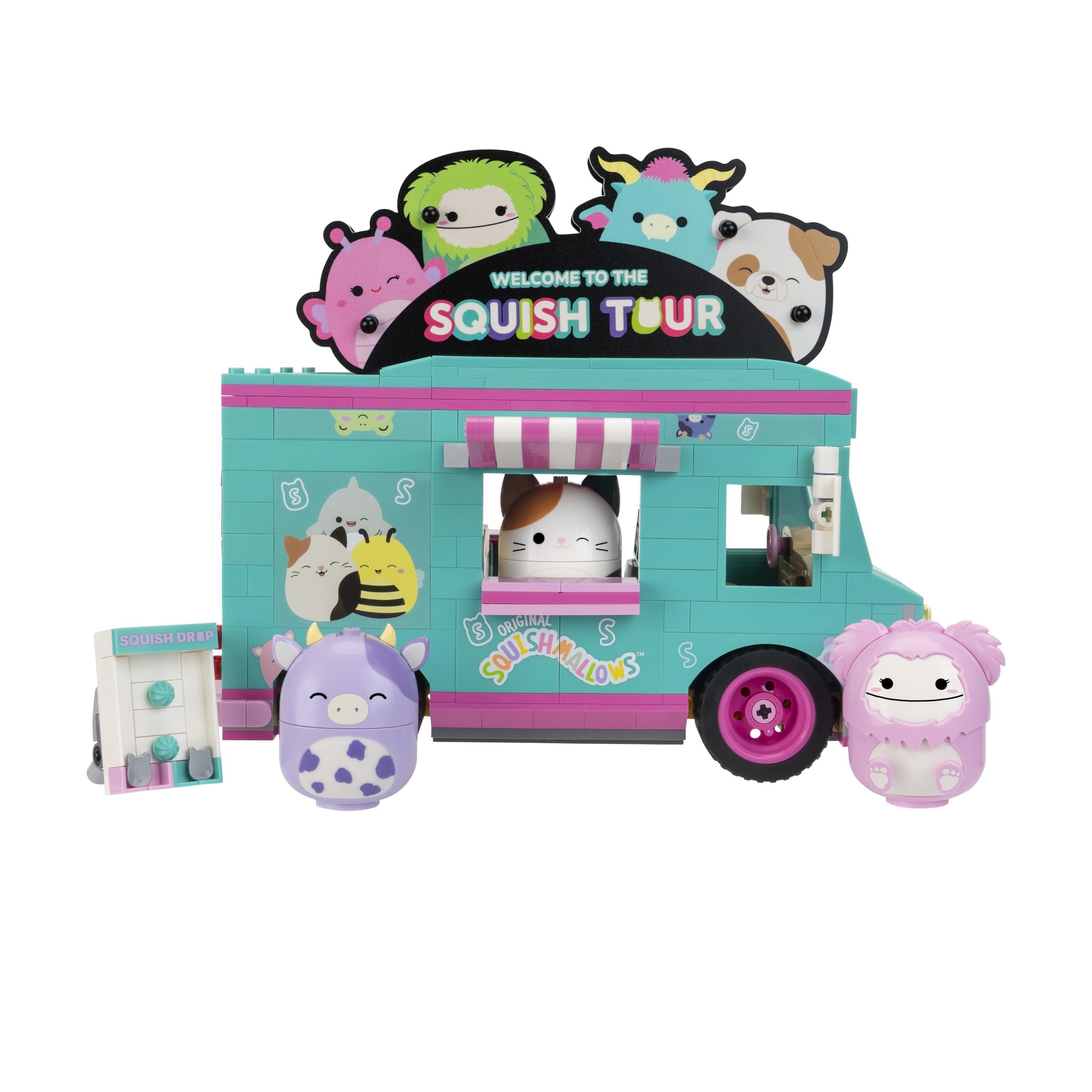 Zestaw do budowania Squishmallows Squish Tour Van – Cam The Cat, Bubba The Cow i Brina The Bigfoot figurki do budowania – dla fanów Squishmallows 8+, 0098
