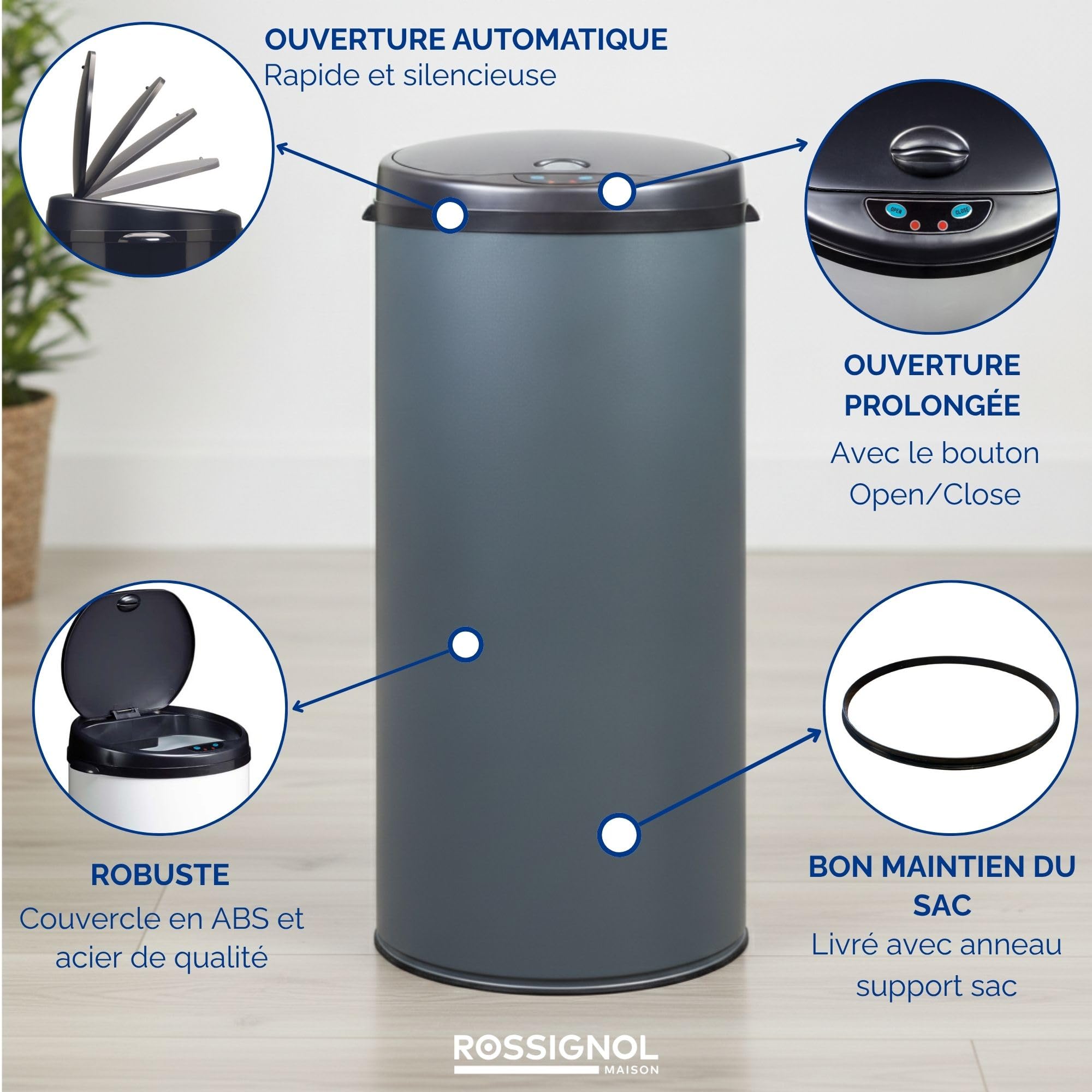 ROSSIGNOL Poubelle de cuisine automatique et 10 sacs-poubelle. Capacité 45L, Fabrication française, Poubelle à ouverture automatique SENSITIVE