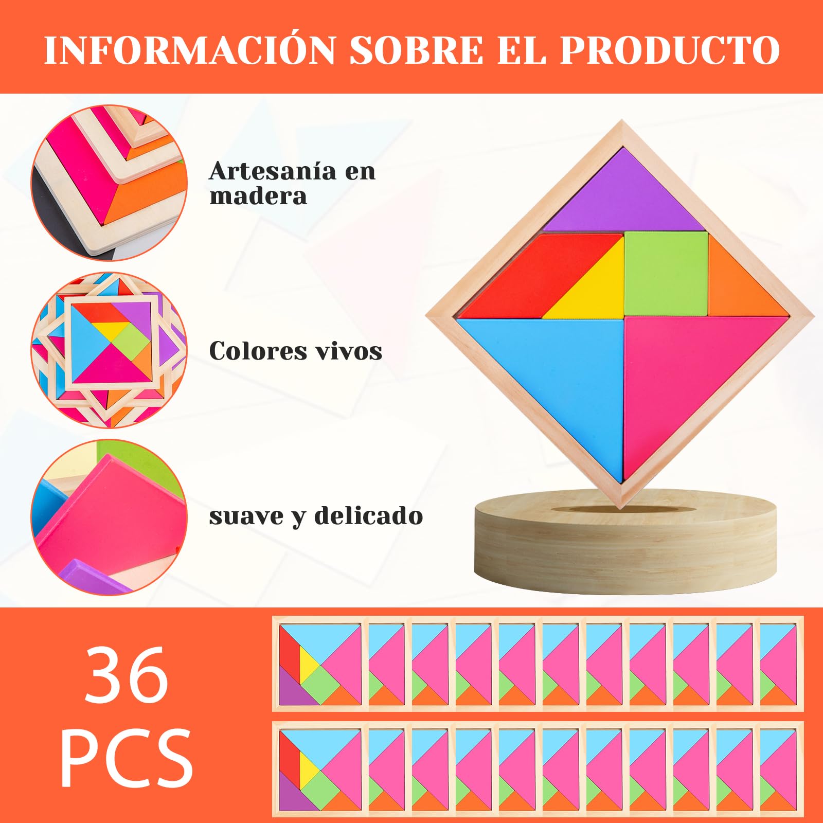 Set di Tangram in legno per bambini, regali di compleanno per bambini, Giocattoli educativi tipo Montessori Compleanno Puzzle per la scuola per bambini (36 Pezzi)