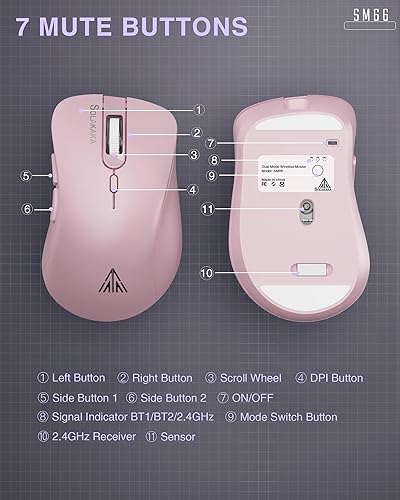 Miniatura 6 de SOLAKAKA SM66 - Ratón inalámbrico silencioso de modo dual con Bluetooth2.4GHz, ajustable 4200 DPI, mouse inalámbrico recargable para PC, Mac,