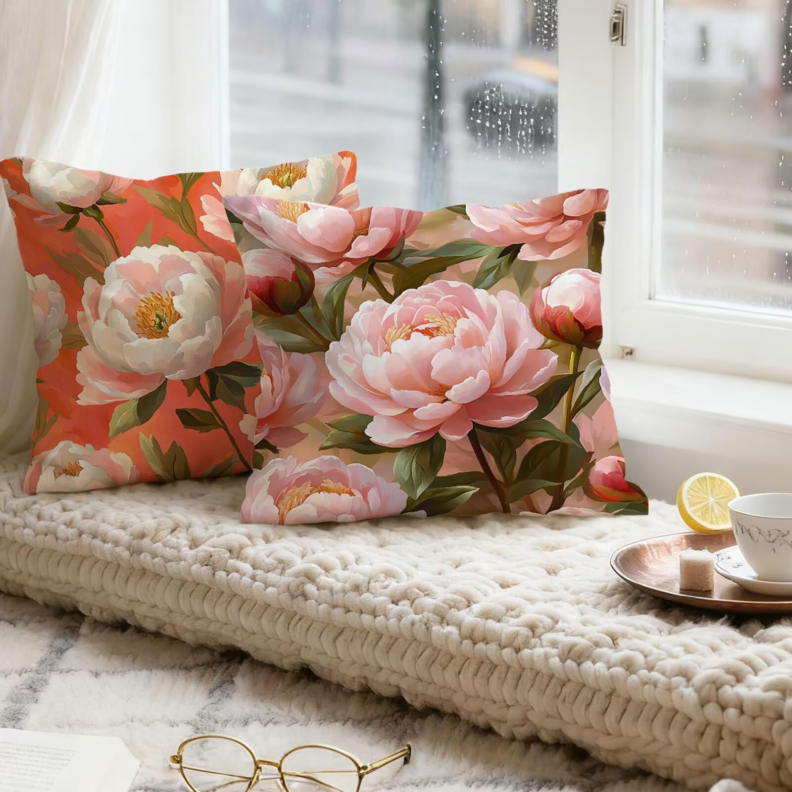 Rose Housse Coussin 60x60 Fleur Taie Oreiller 60x60 Lot de 4 Super Doux Protege Oreiller 60 x 60 Decoration Automne Taie D'oreiller Carrées Coussin Canape, pour Maison Chambre Canapé Chaise E - 79