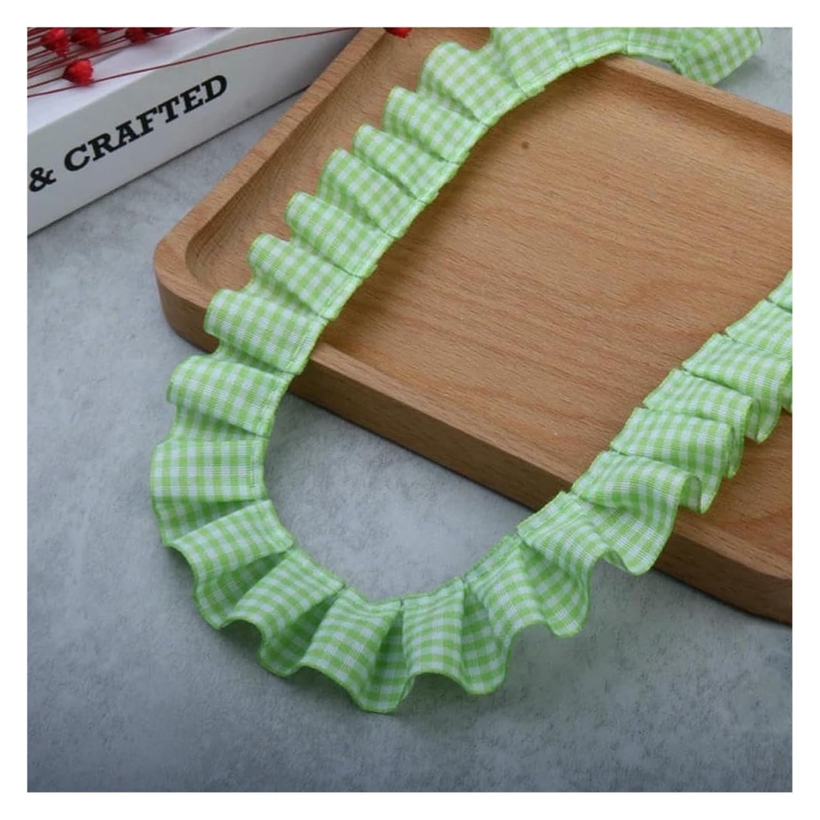 Szycie koronkowych wykończeń, Potargane plisowane koronkowe wykończenia, plisowana tkanina w kratę DIY dekoracje(Green)