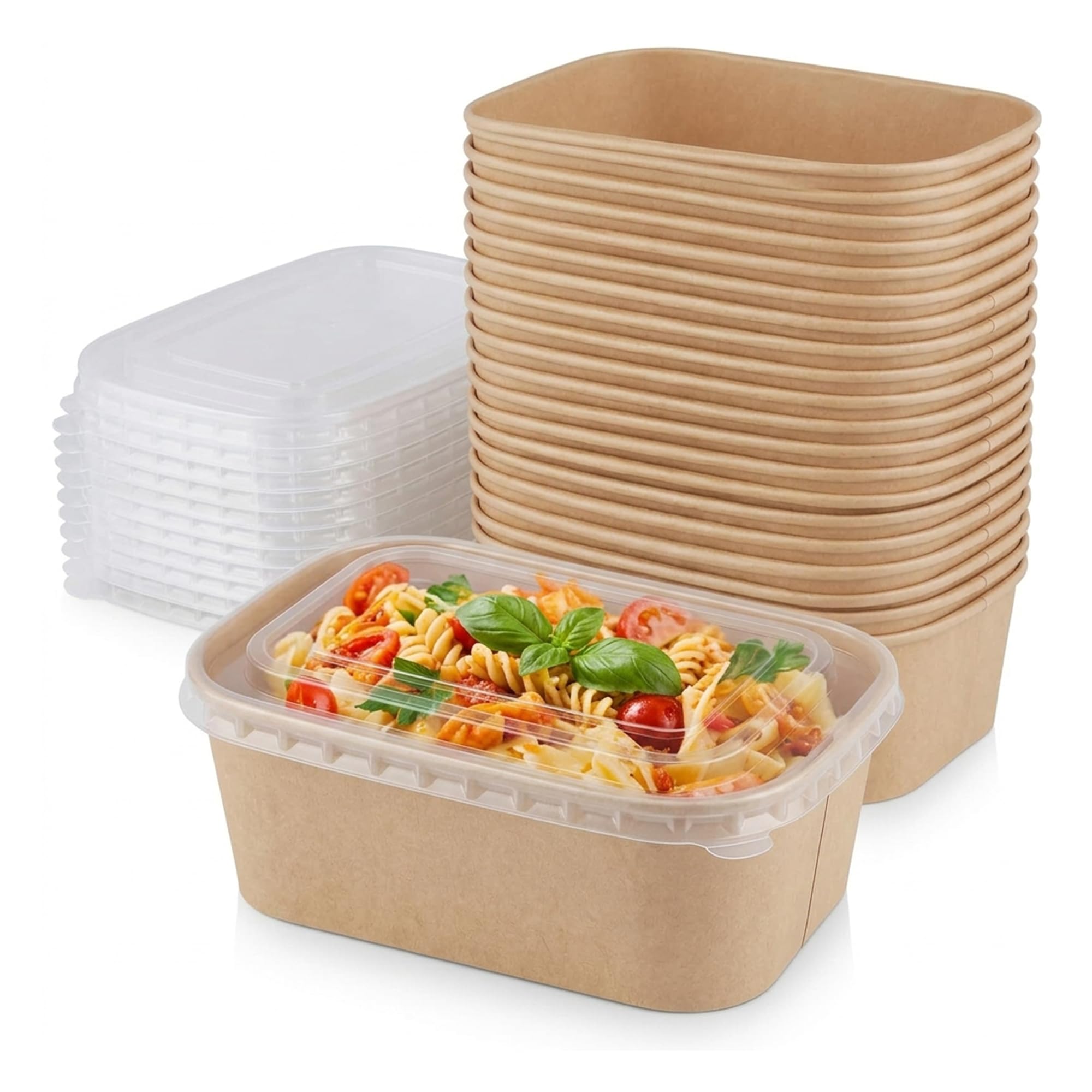 rynli 200pcs Kraft Paper Food Containers with Lids, 750ml Rectangular Takeaway Boxes, Reusable Meal Prep Containers for Food Storage, Takeout, Leftovers,For Catering, Parties, Home and Restaurant