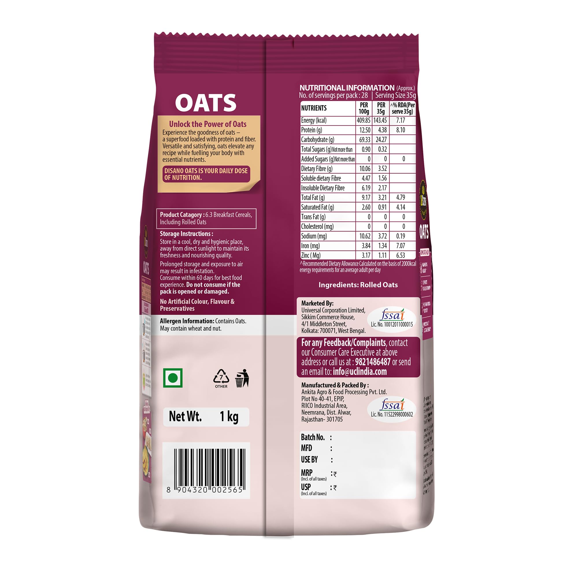 DiSano Oats 1kg (Pack of 2), Instant Oats, Wholegrain, High Fibre, Source of Protein 1