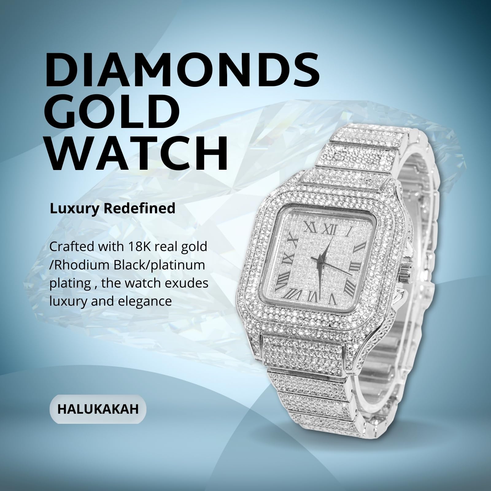 HALUKAKAH Iced Out Diamond Watch dla nastolatków - pozłacany 18-karatowym złotem / platyną, kwadratowa tarcza 40 mm, długość 20 cm, opcjonalnie z łańcuszkiem kubańskim i narzędziem do regulacji