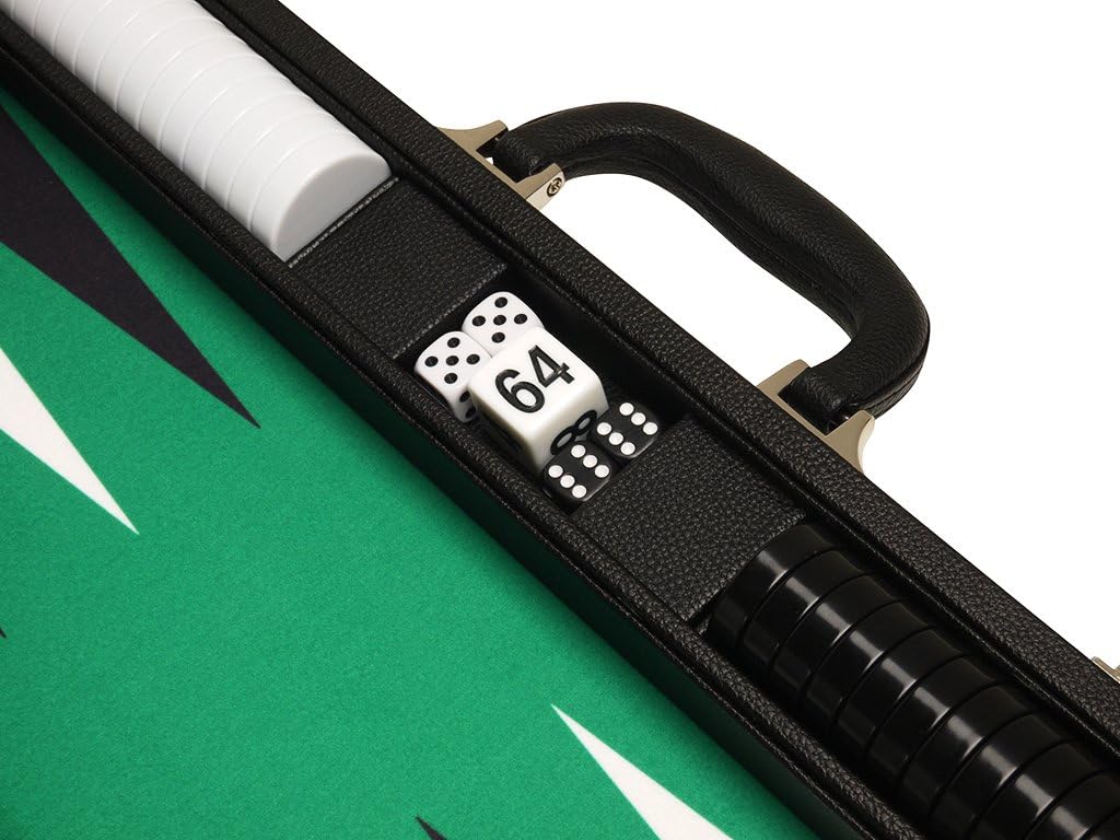 19-inch Premium Backgammon Set - Large Size - Black Board, Green Playing Surface, Black and White Points