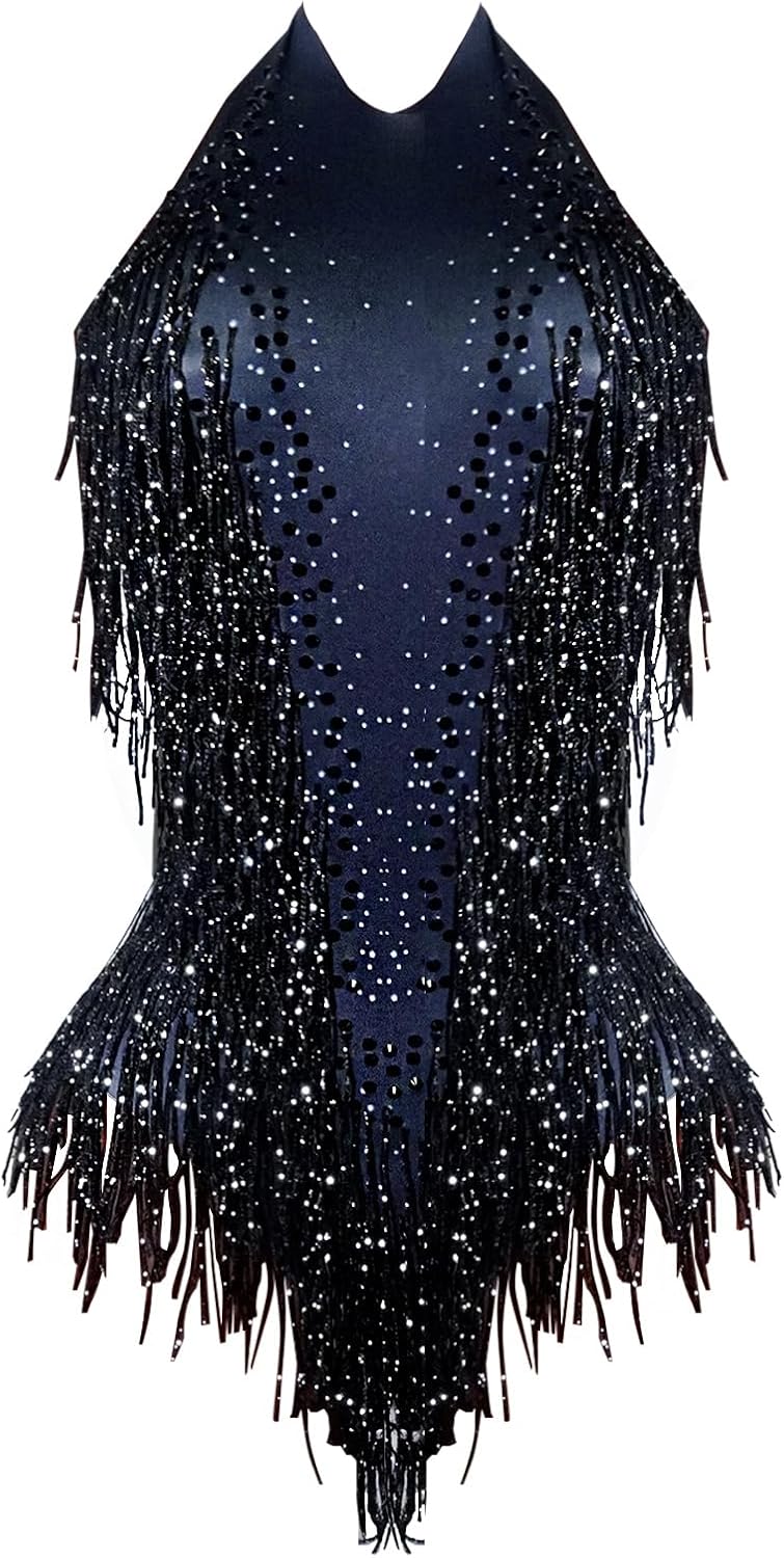 Youmeisha Tassel Rhinestone Sexy Latin Dance Bodysuit for Women Team Dance Performance Outfit Nightclub DS Stage Show Costume