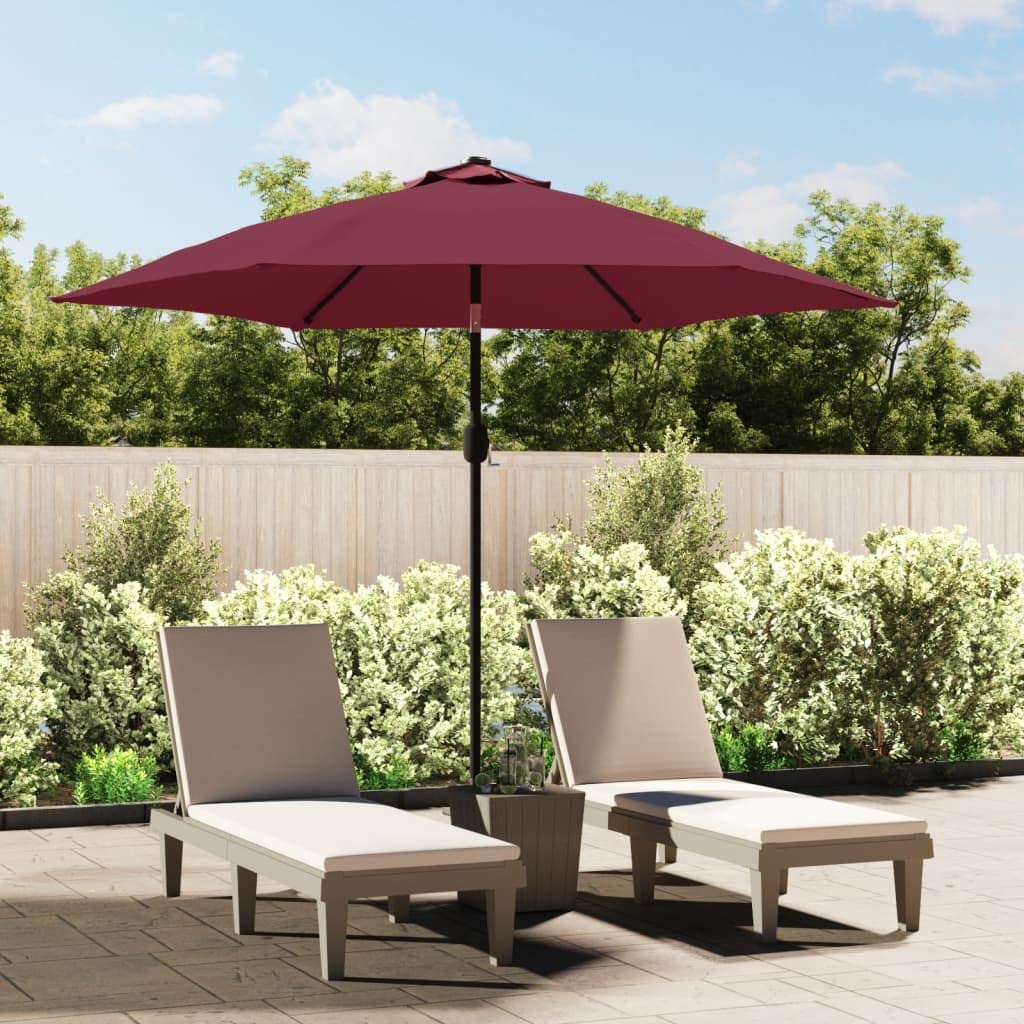 Parasol avec éclairage LED bordeaux mât acier pour terrasse 3m
