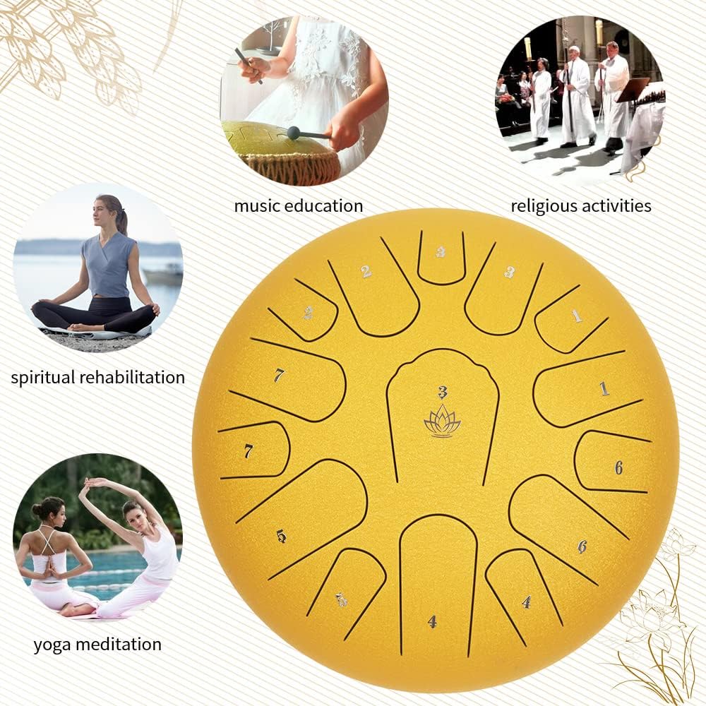 Rain Drum for Outside Garden,Steel Tongue Drum 12 Inches 15 Notes Musical Instruments, Handpan Drum Percussion Instrument, with Soft Bag, Music Book, 2 Mallets, for Meditation or Yoga(Yellow)