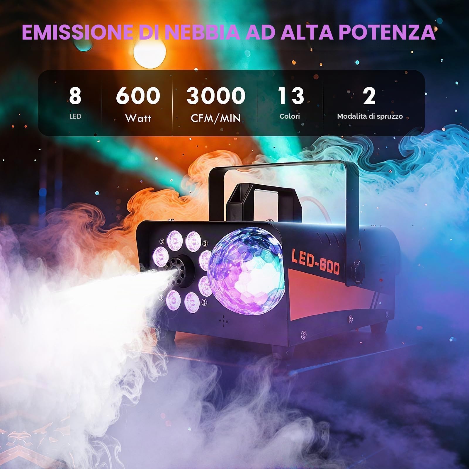 Macchina del Fumo 600W con Effetti LED RGB 13 Colori & Luce Disco – Macchina Nebbia 3000CFM con Telecomando Cablato/Senza Fili, Ideale per Halloween, Feste, Matrimoni, DJ Set, Interno ed Esterno