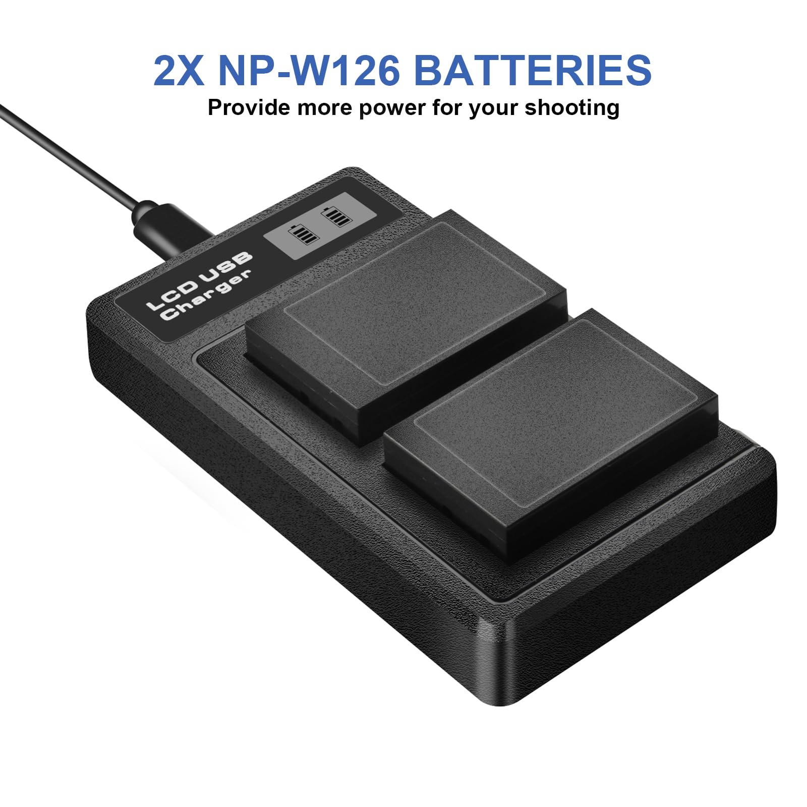 2 Batterie NP-W126 + Doppio Caricatore LCD Per Fuji X100F, X-T3, X-T2, X-Pro2 E Modelli Compatibili